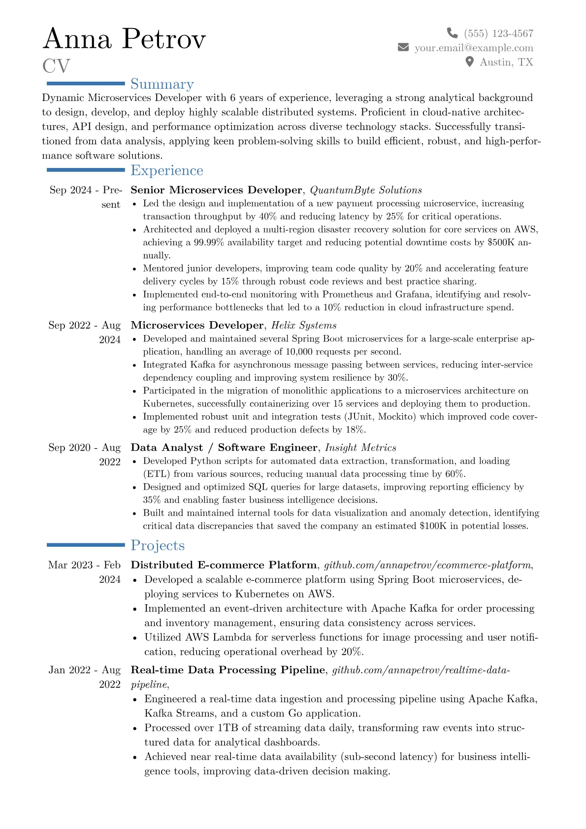 Microservices Developer resume example, Career changer, page 1