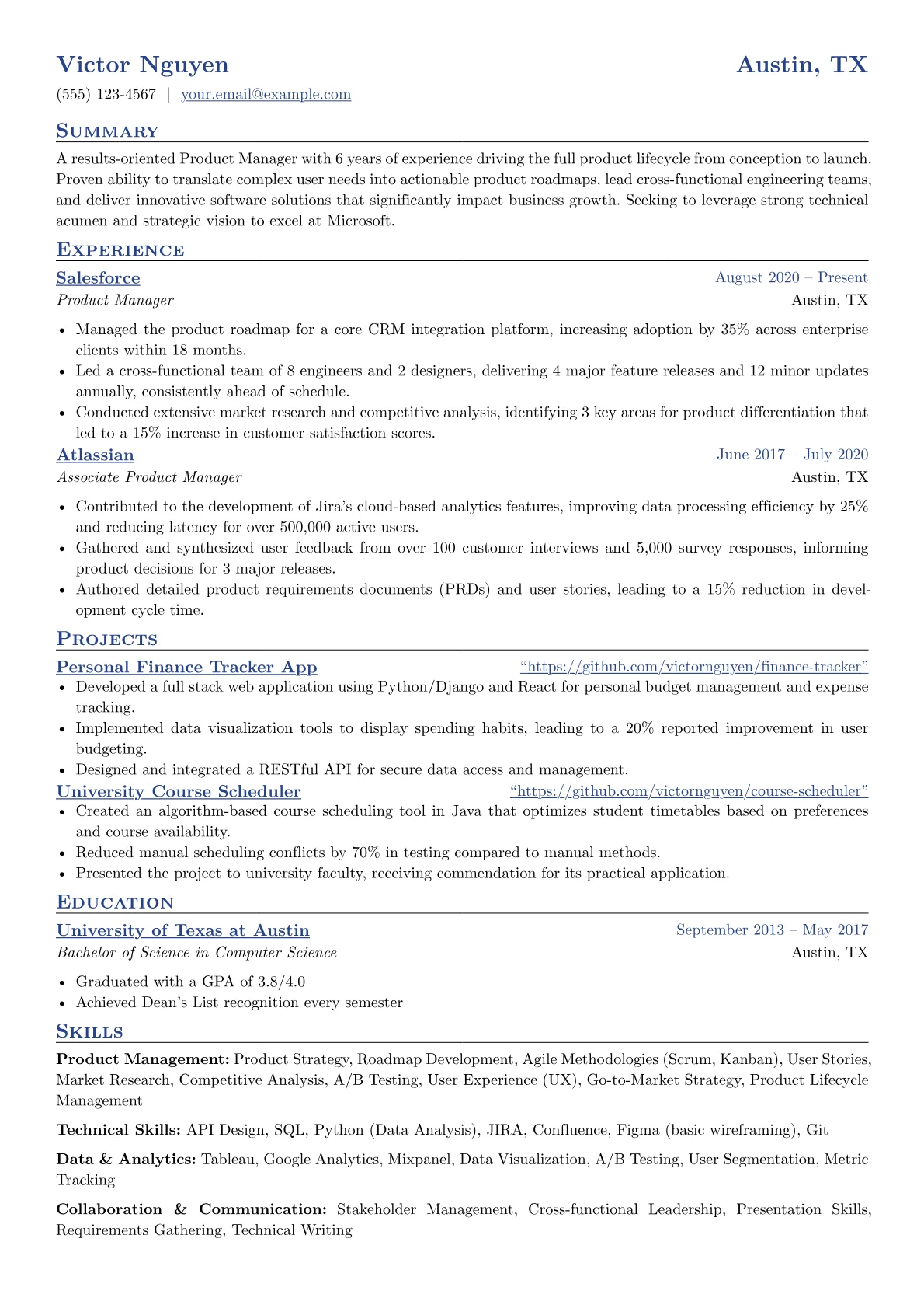 Microsoft resume example, Product Manager, page 1