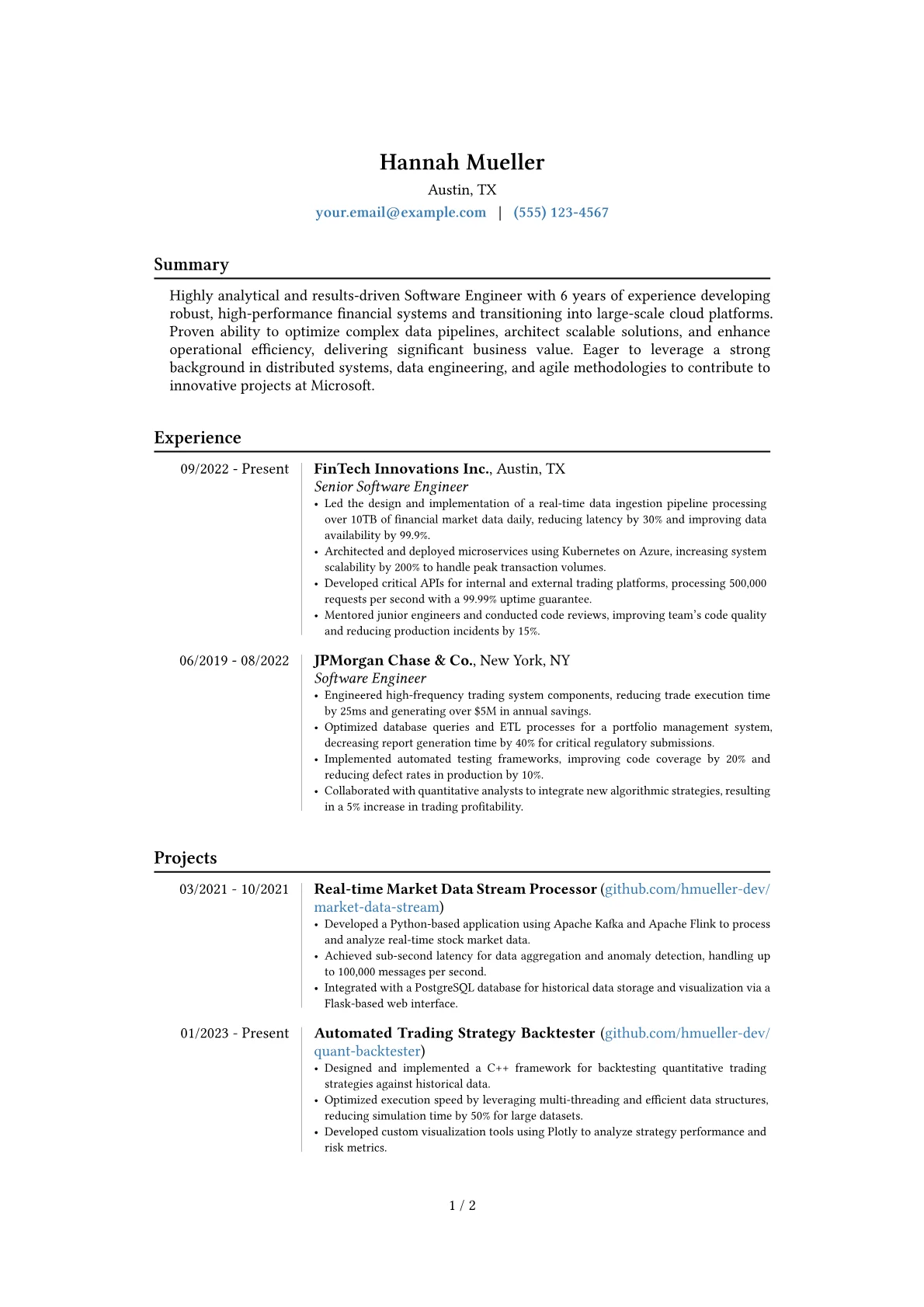 Microsoft resume example, Career changer, page 1