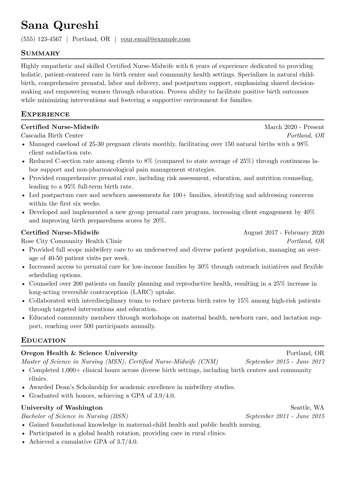 Midwife resume example, Birth Center, page 1