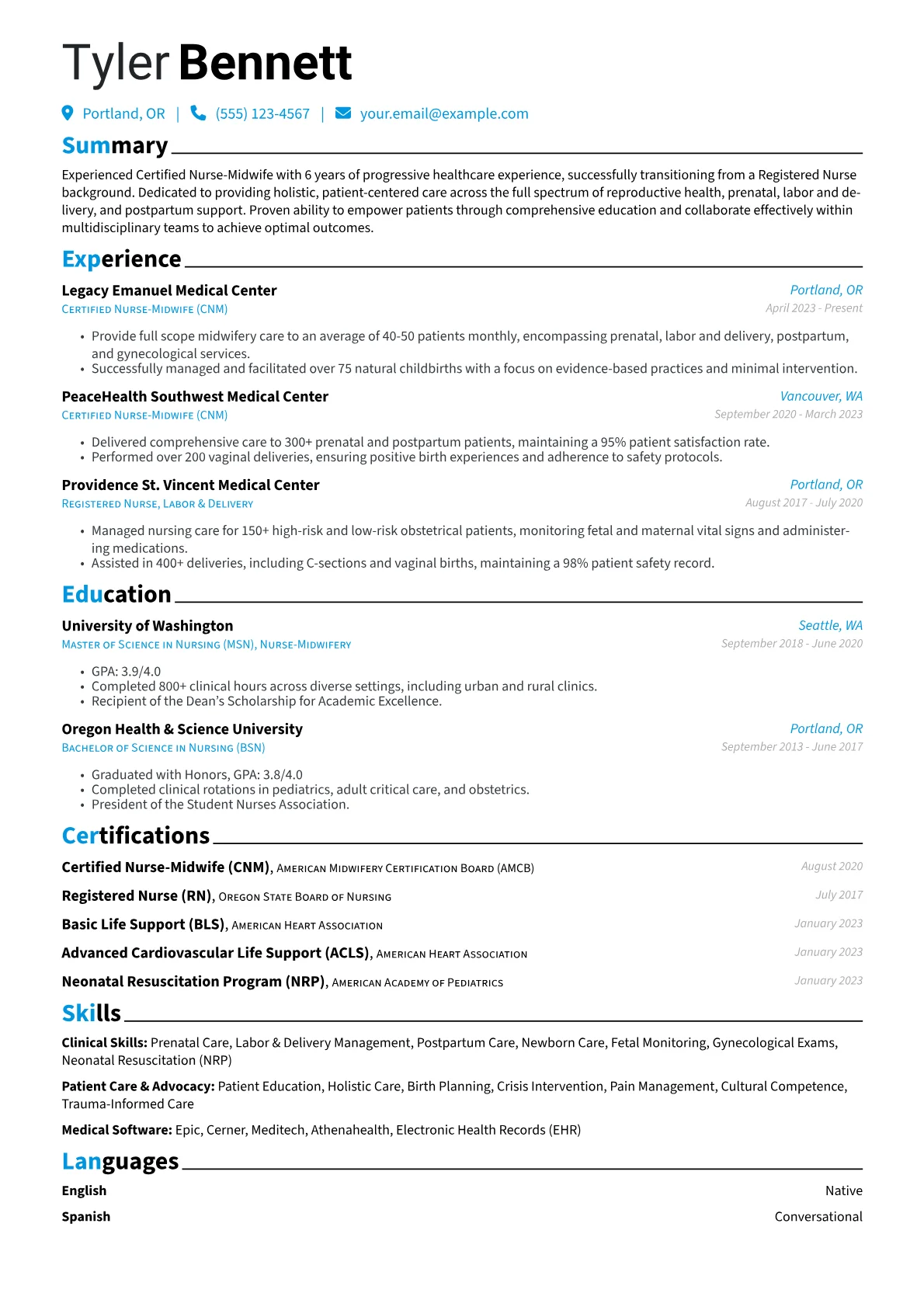 Midwife resume example, Career changer, page 1