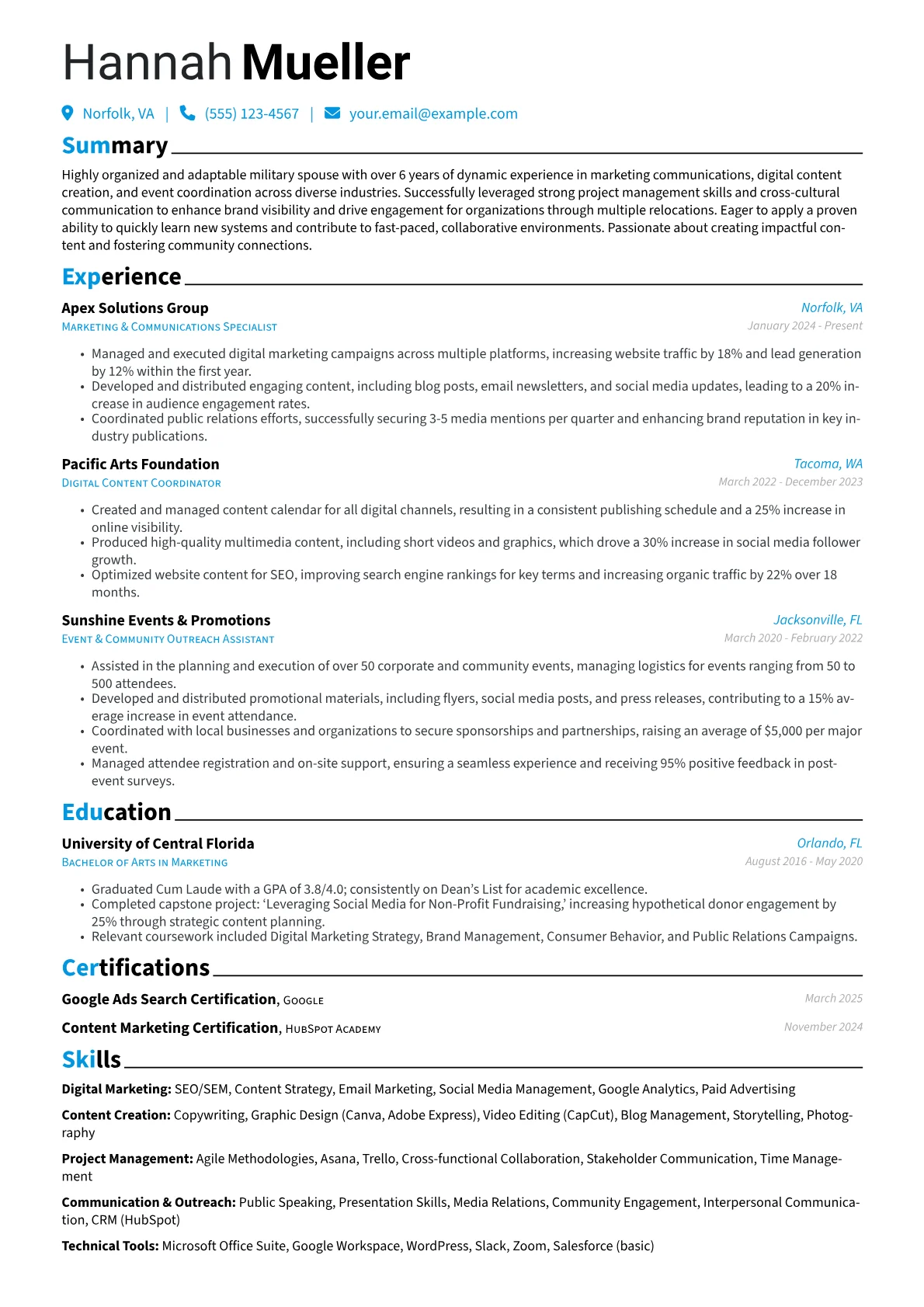Military Spouse resume example, Digital Marketing, page 1