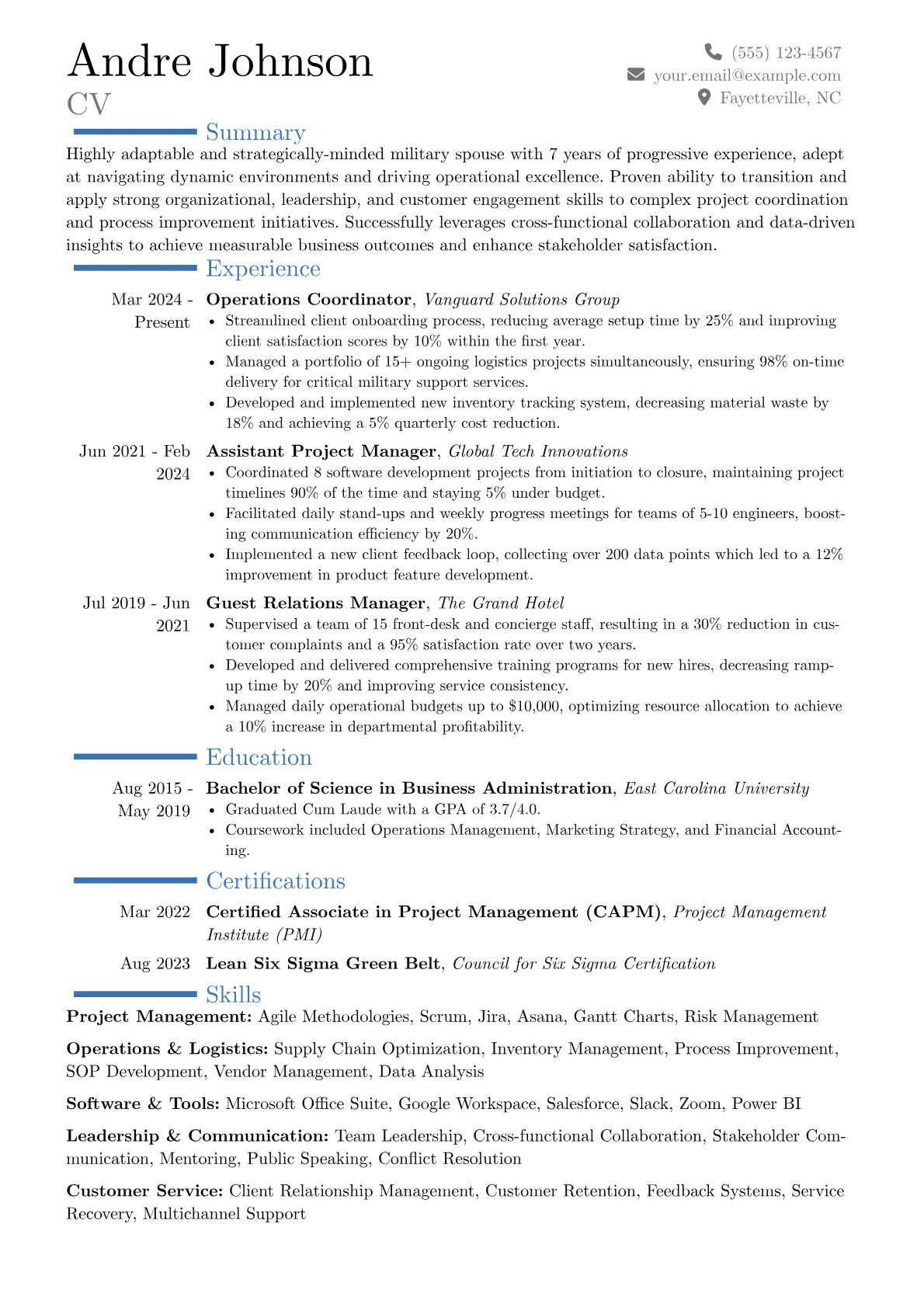 Military Spouse resume example, Career changer, page 1