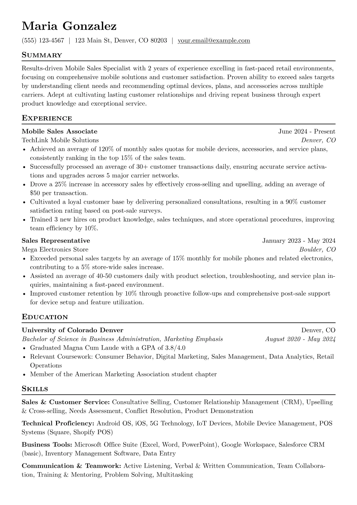 Mobile Salesman resume example, Mobile Salesman, page 1