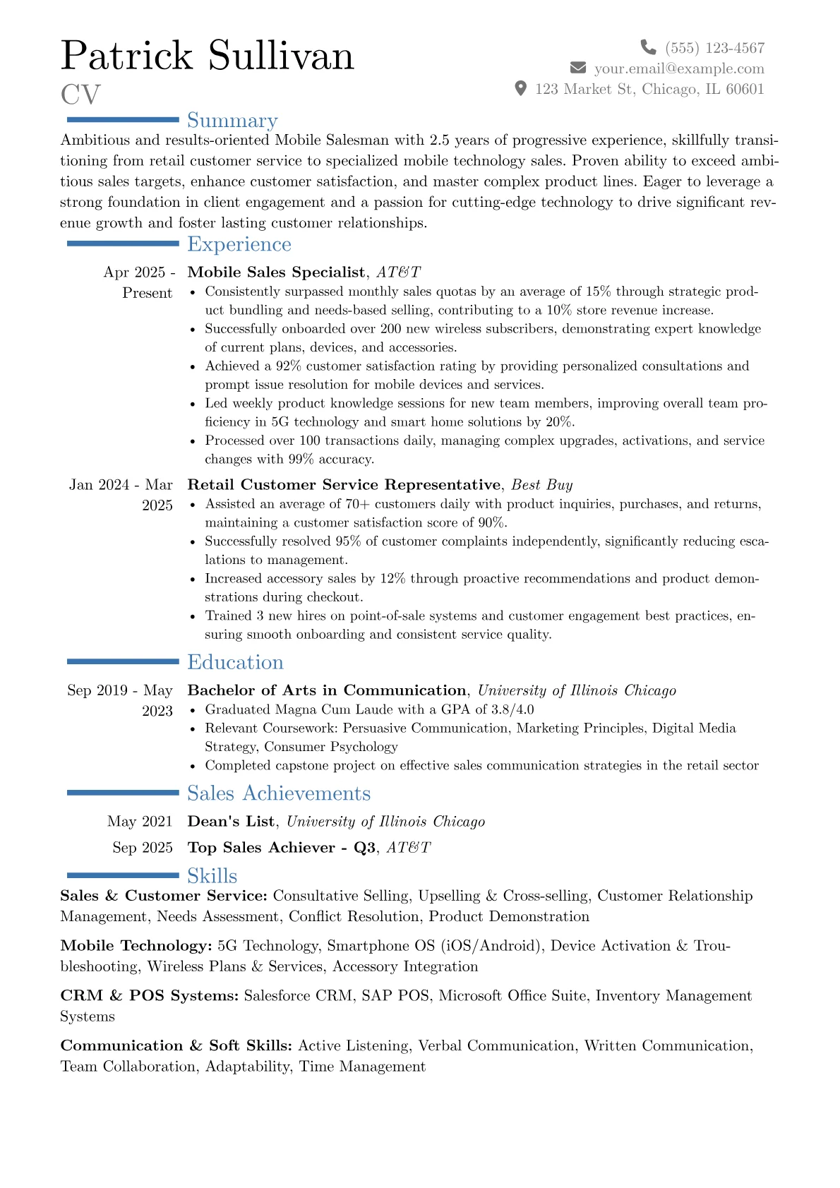 Mobile Salesman resume example, Career changer, page 1