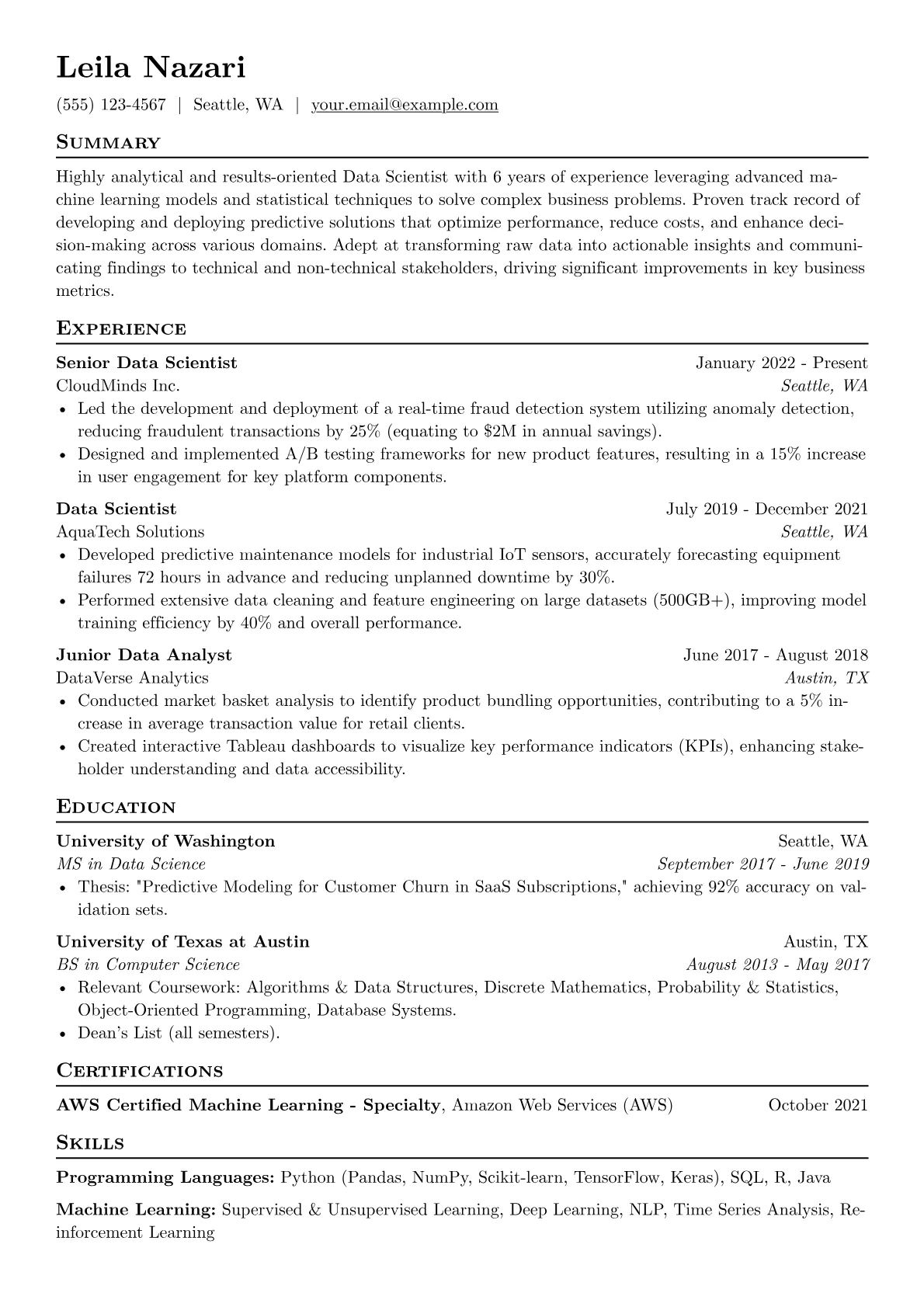 Modern resume example, Modern Data Scientist, page 1