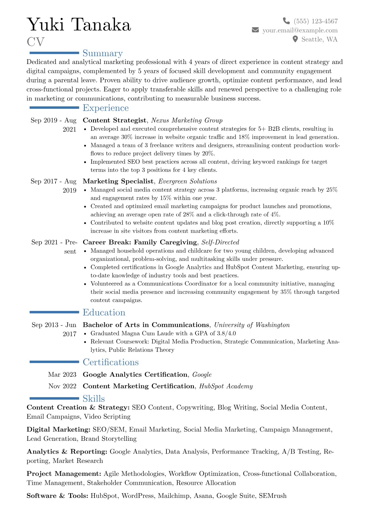 Mom Returning to Work resume example, Career changer, page 1
