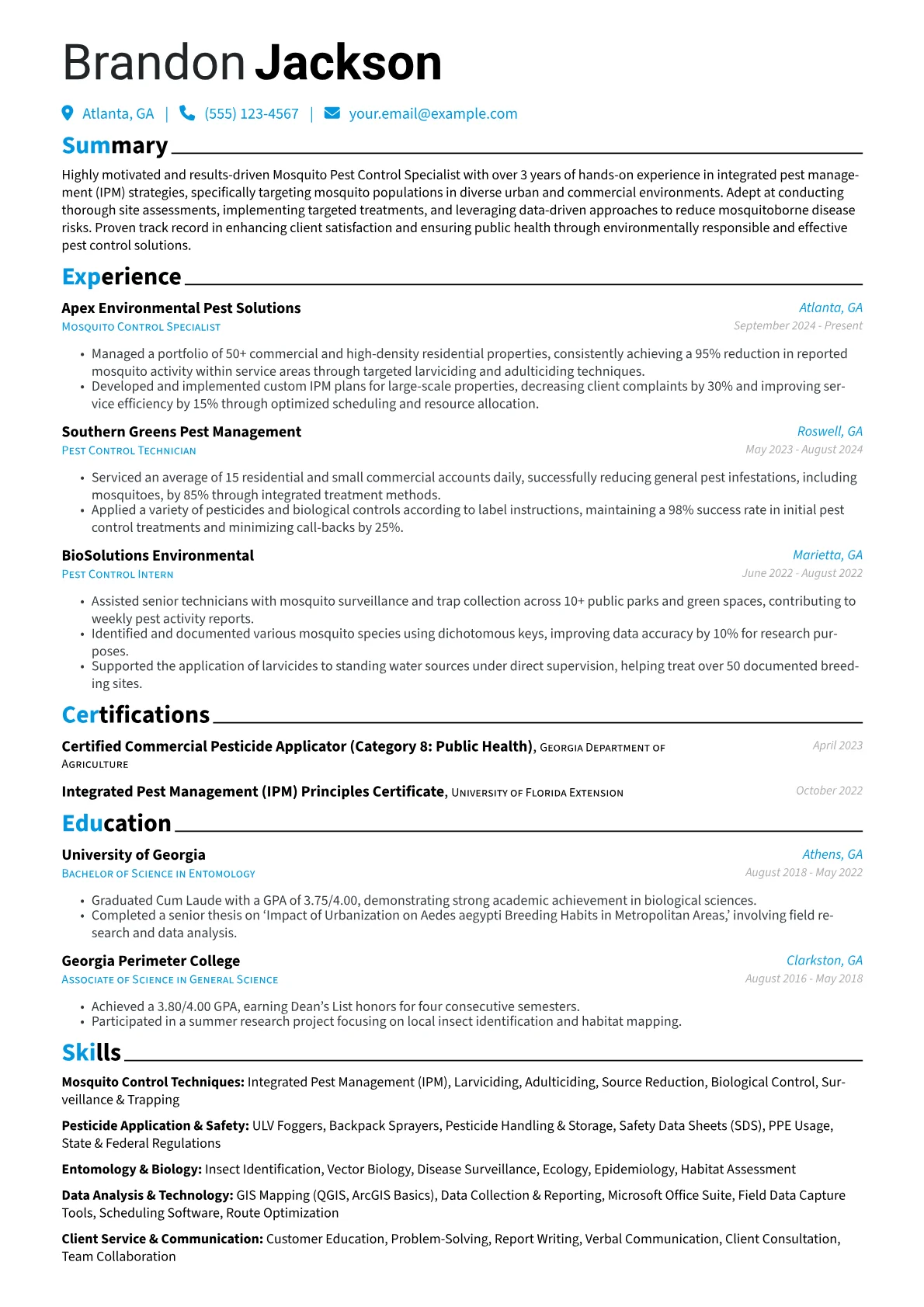 Mosquito Pest Control Specialist resume example, Mosquito Pest Control, page 1
