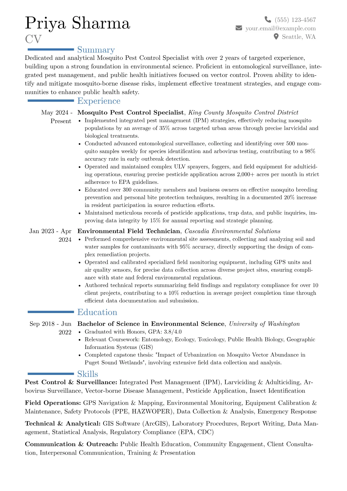 Mosquito Pest Control Specialist resume example, Career changer, page 1