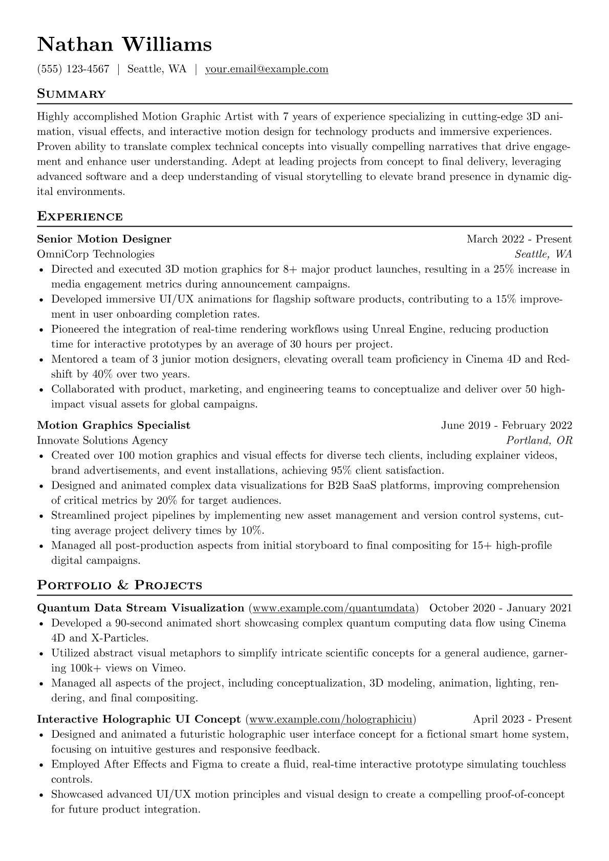 Motion Graphic Artist resume example, 3D & VFX Software, page 1