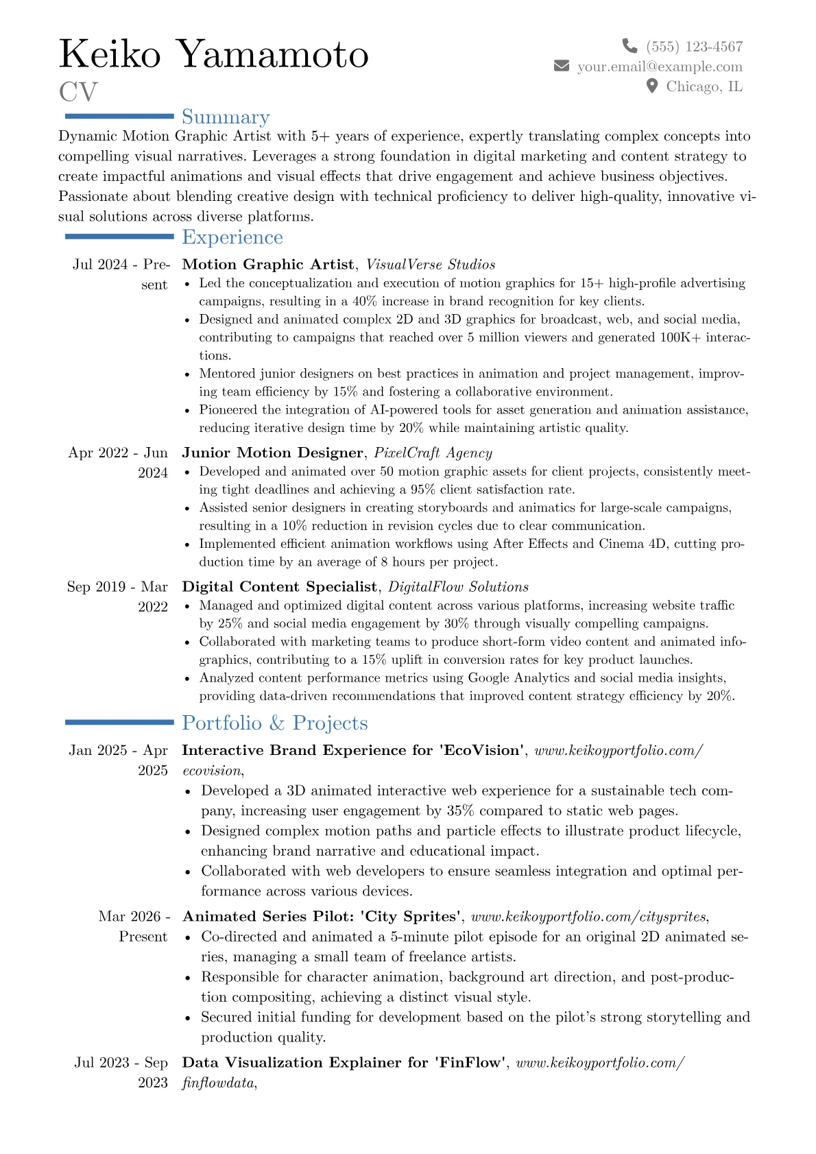 Motion Graphic Artist resume example, Career changer, page 1