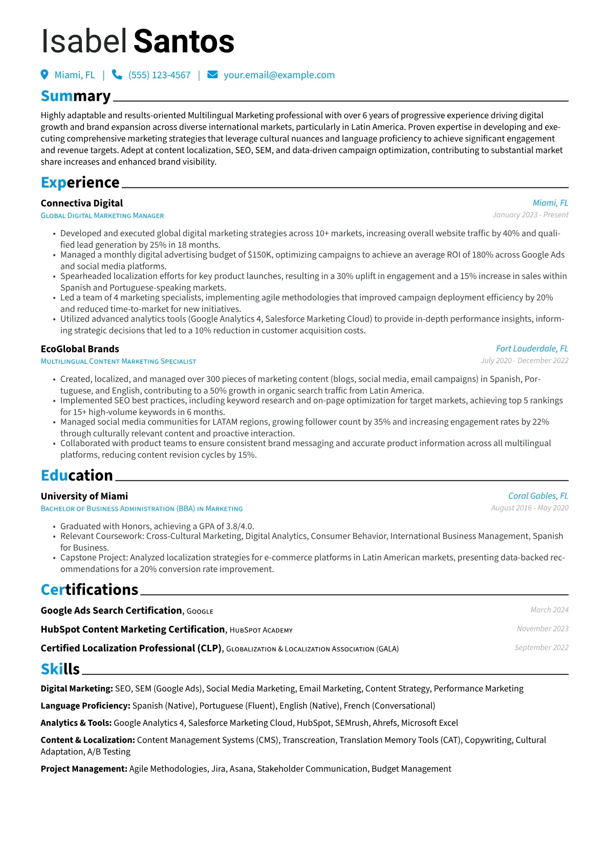 Multilingual resume example, Multilingual, page 1