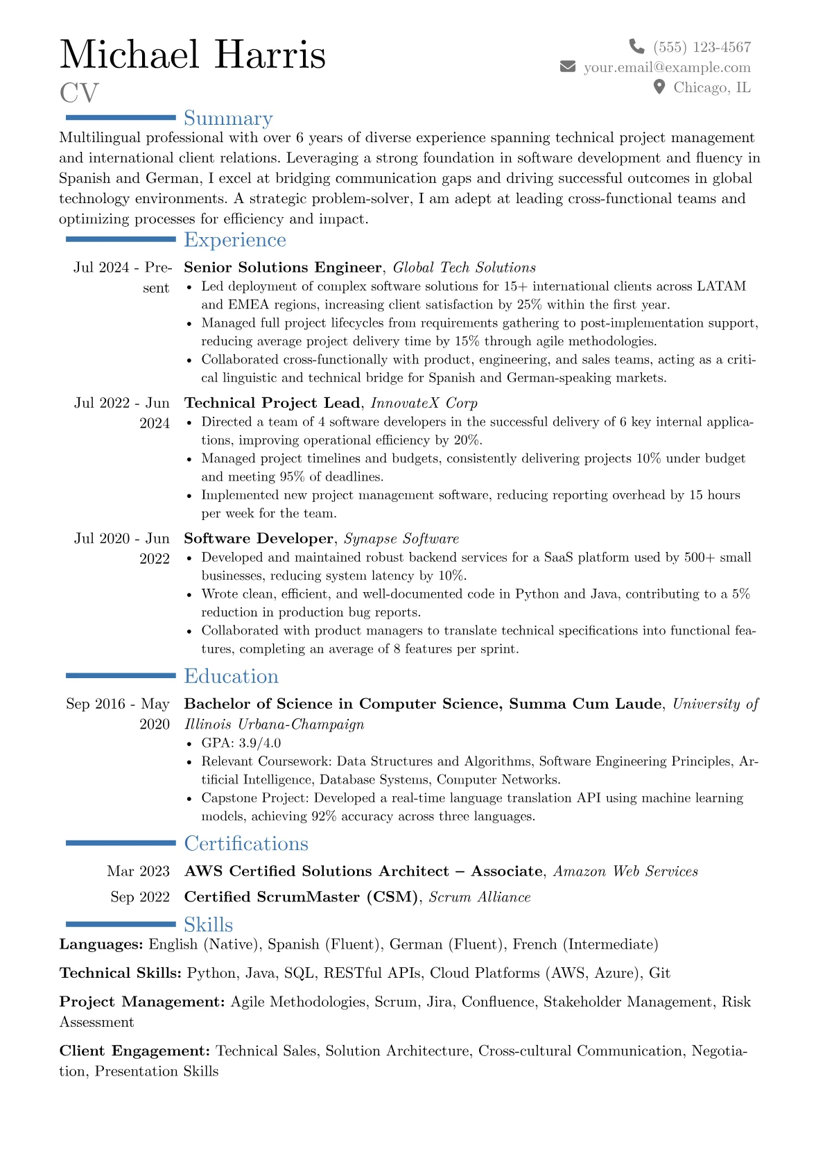 Multilingual resume example, Career changer, page 1