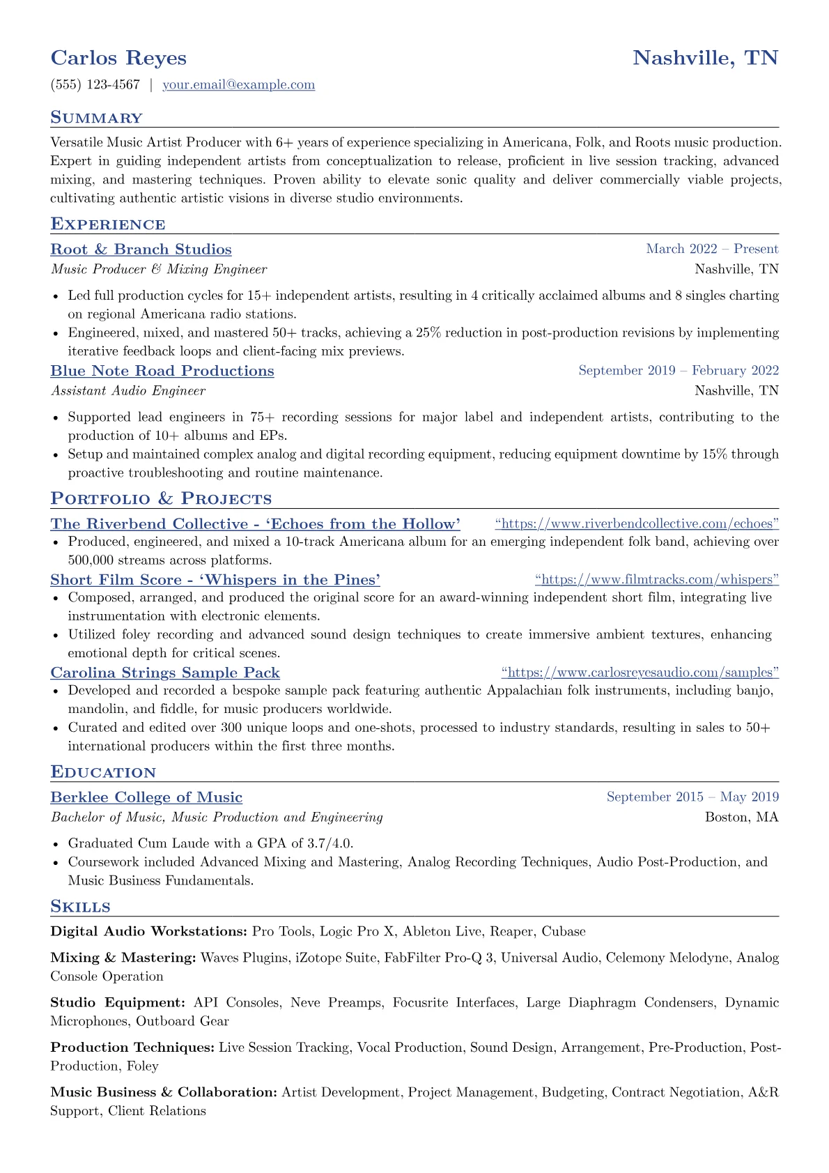 Music Artist Producer resume example, Music Artist Producer, page 1
