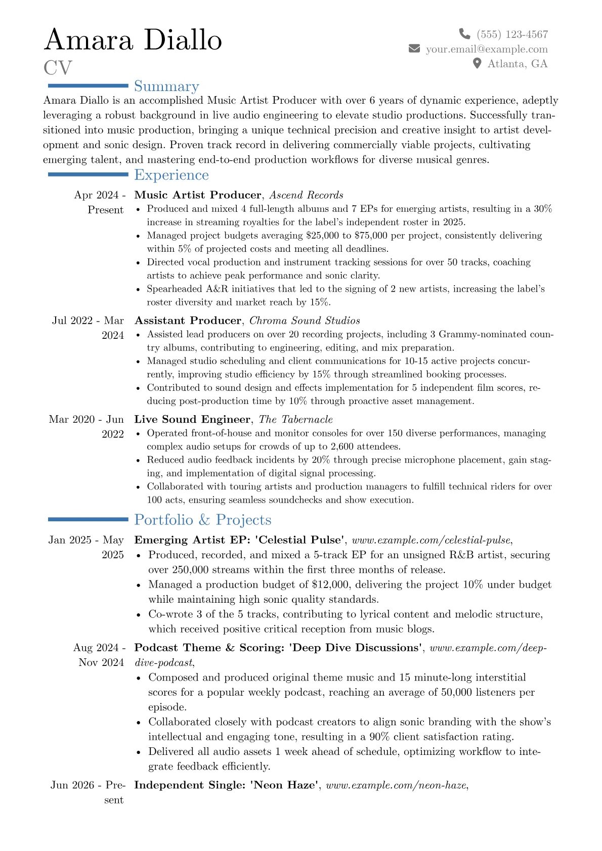 Music Artist Producer resume example, Career changer, page 1