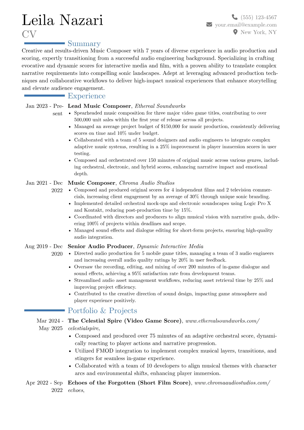 Music Composer resume example, Career changer, page 1