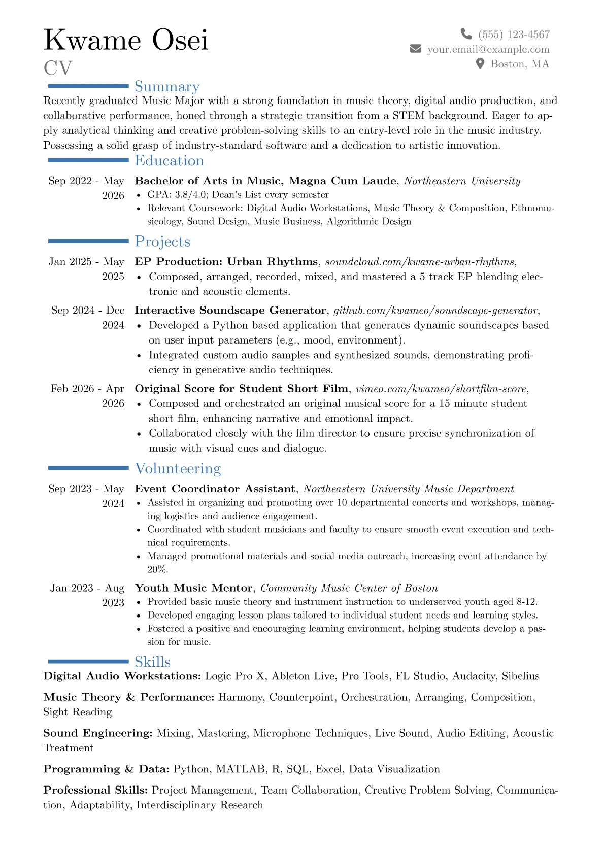 Music Major resume example, Career changer, page 1
