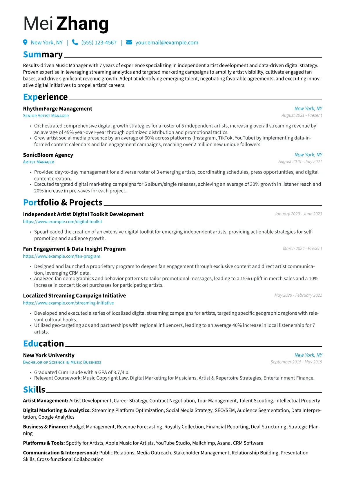 Music Manager resume example, Music Manager - Digital, page 1