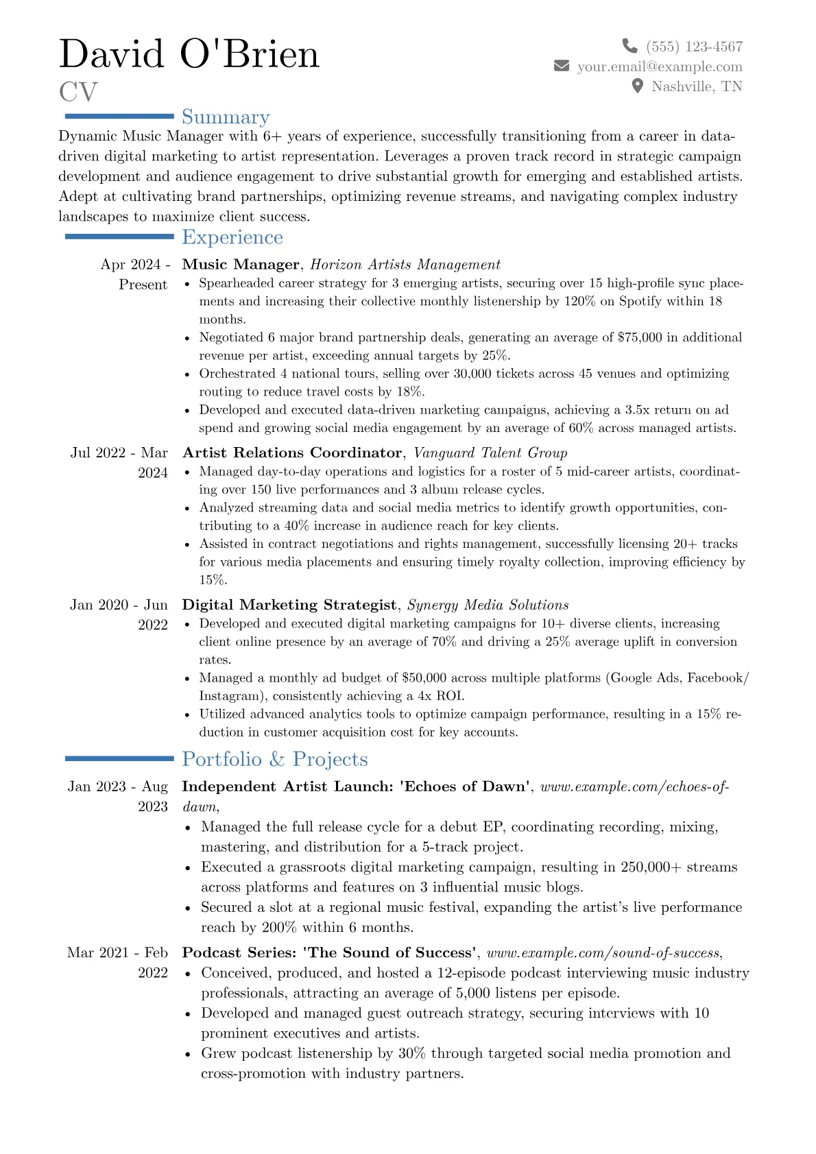 Music Manager resume example, Career changer, page 1