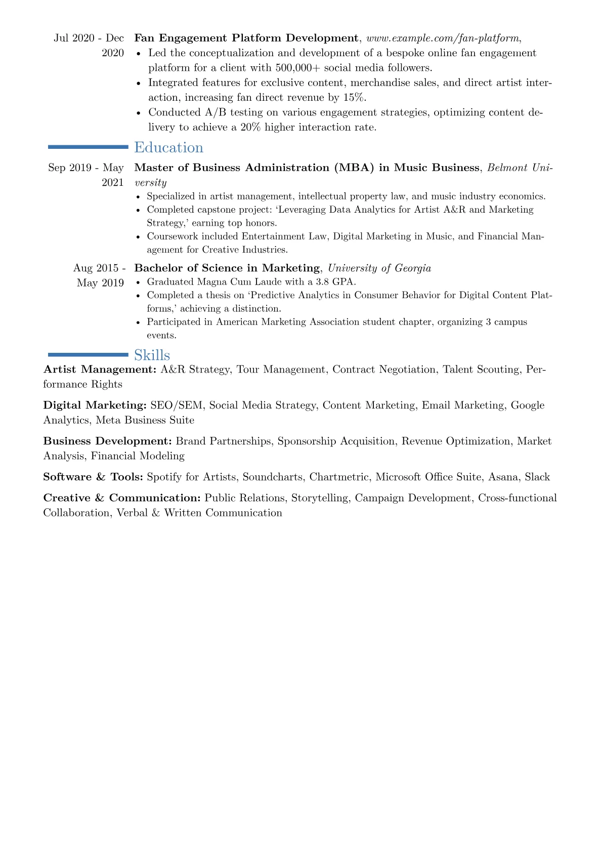 Music Manager resume example, Career changer, page 2