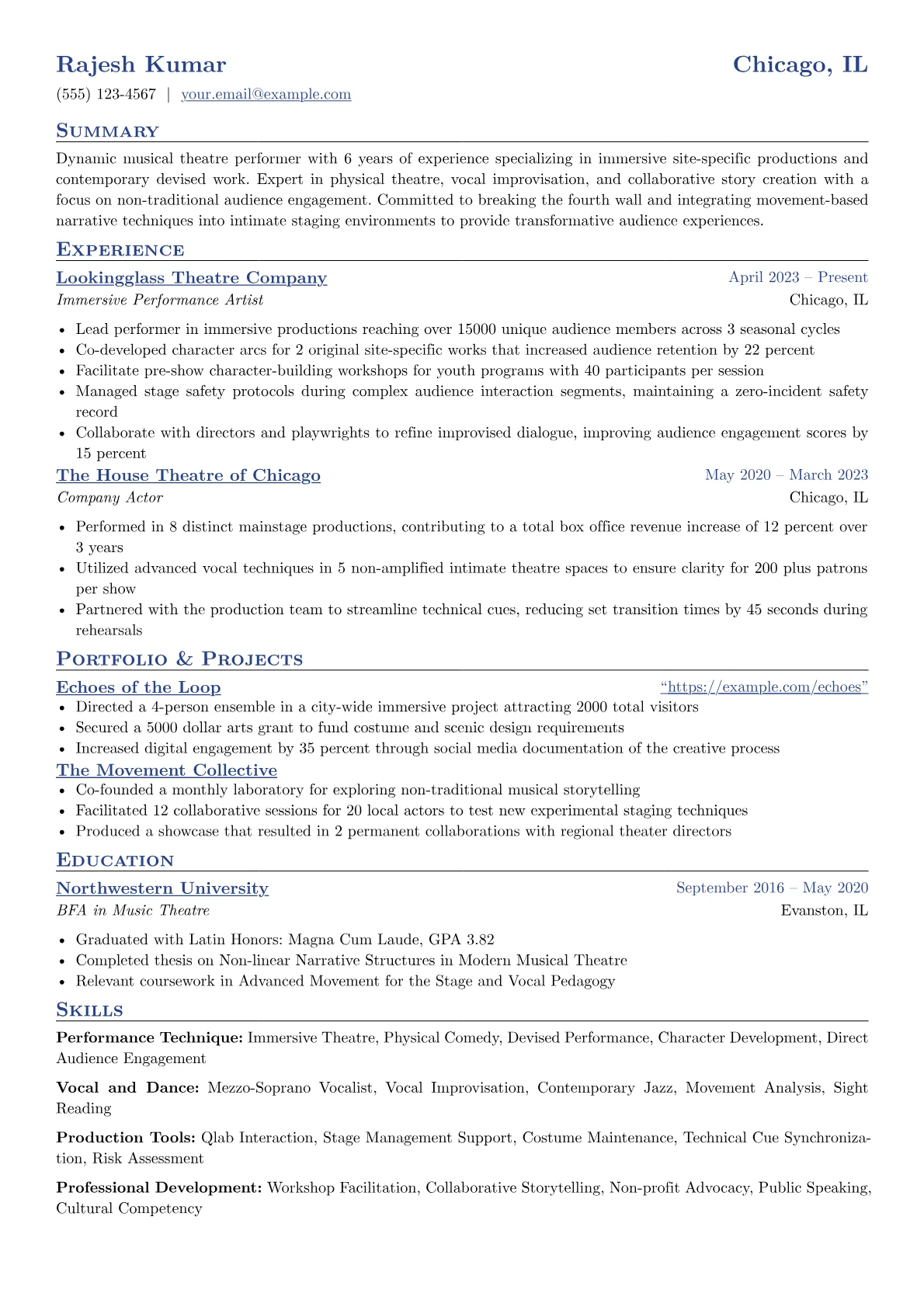 Musical Theatre resume example, Immersive Performance, page 1