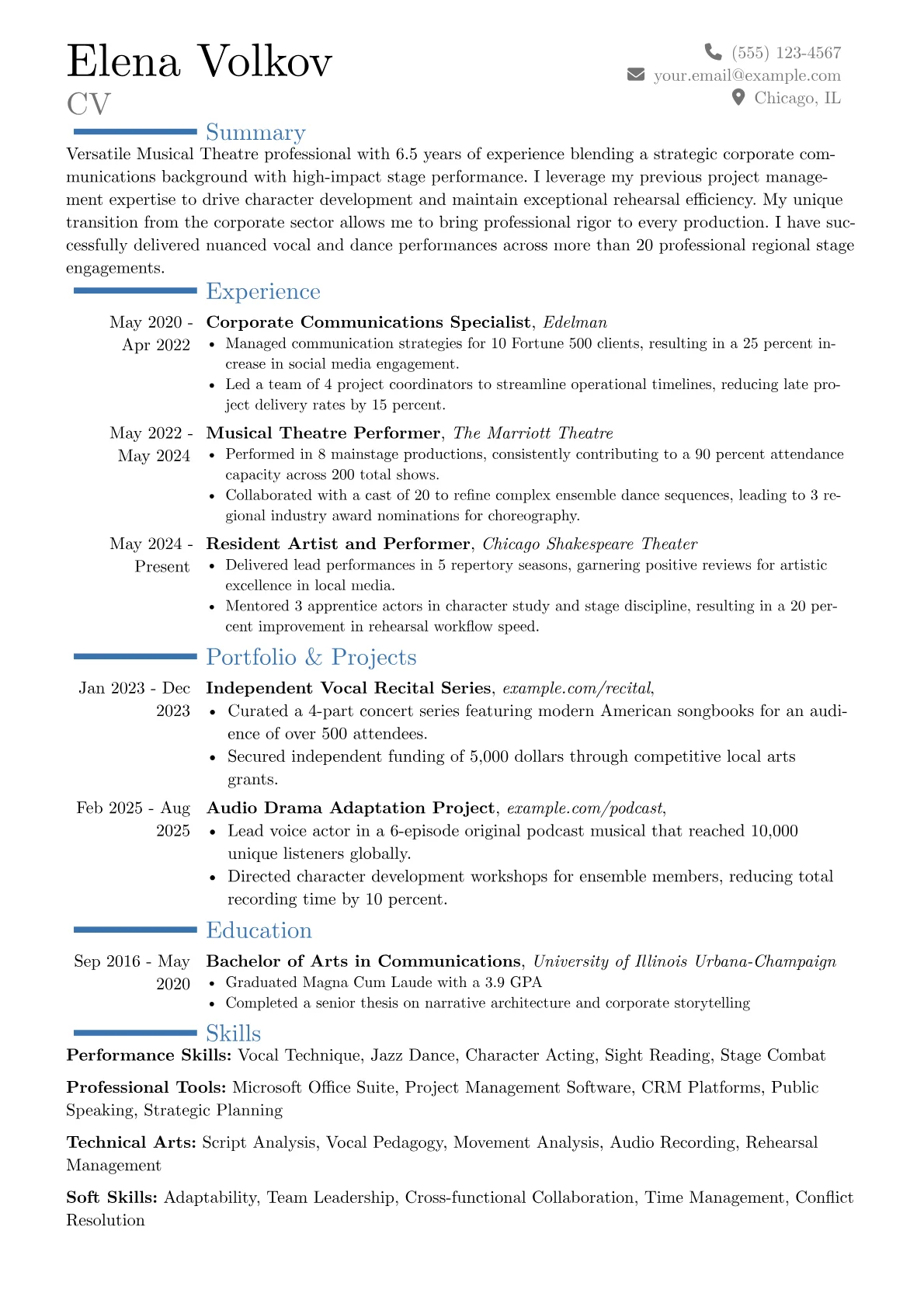 Musical Theatre resume example, Career changer, page 1
