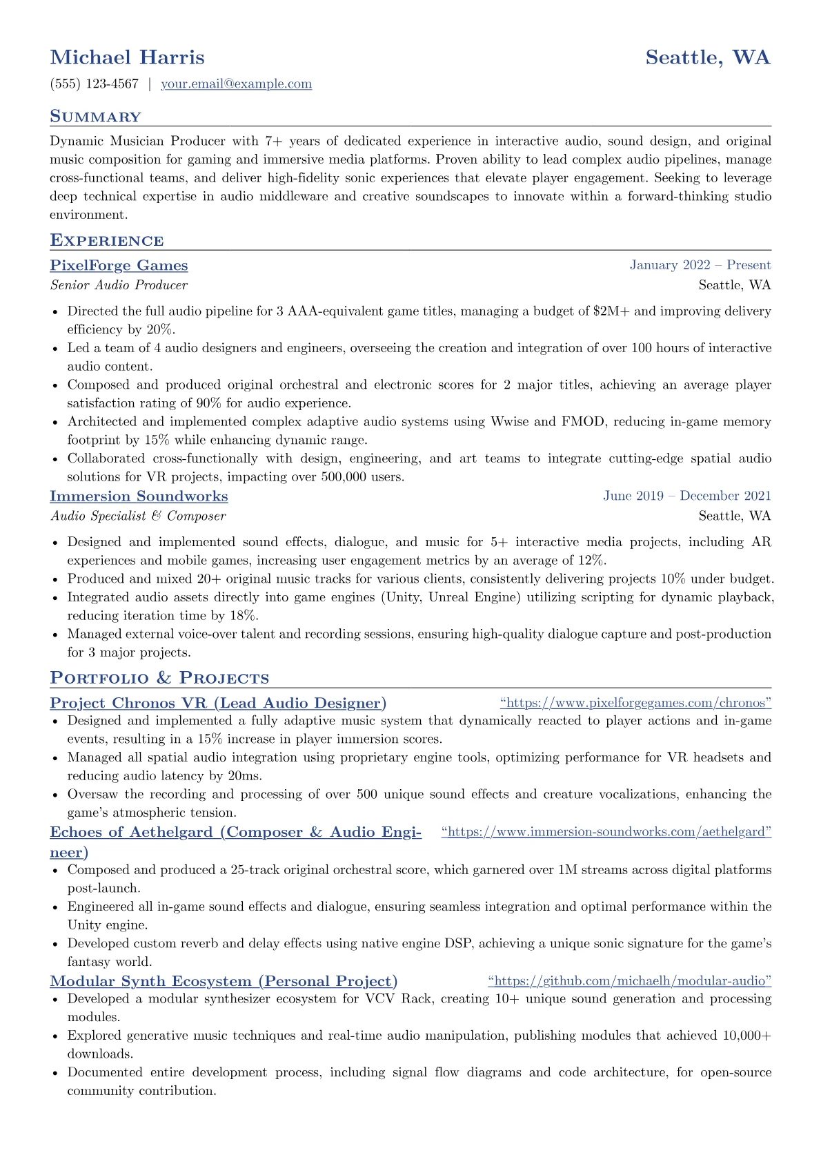Musician Producer resume example, Musician Producer - Game, page 1