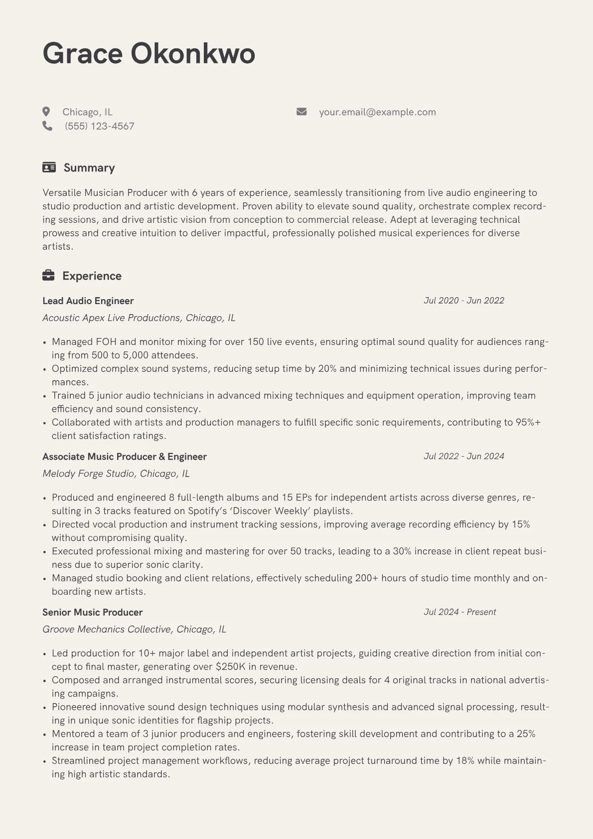 Musician Producer resume example, Career changer, page 1