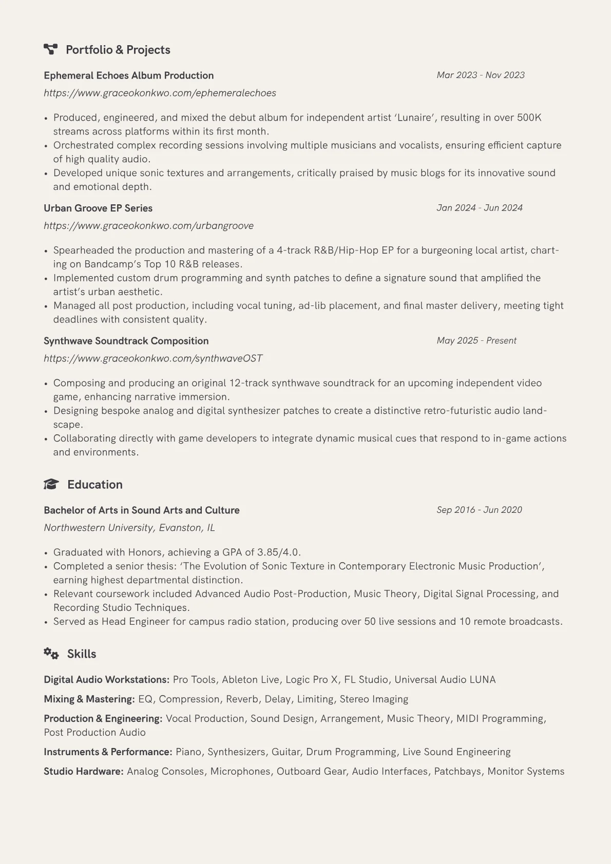Musician Producer resume example, Career changer, page 2