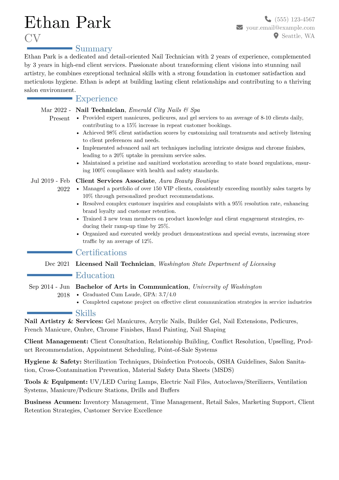 Nail Technician resume example, Career changer, page 1