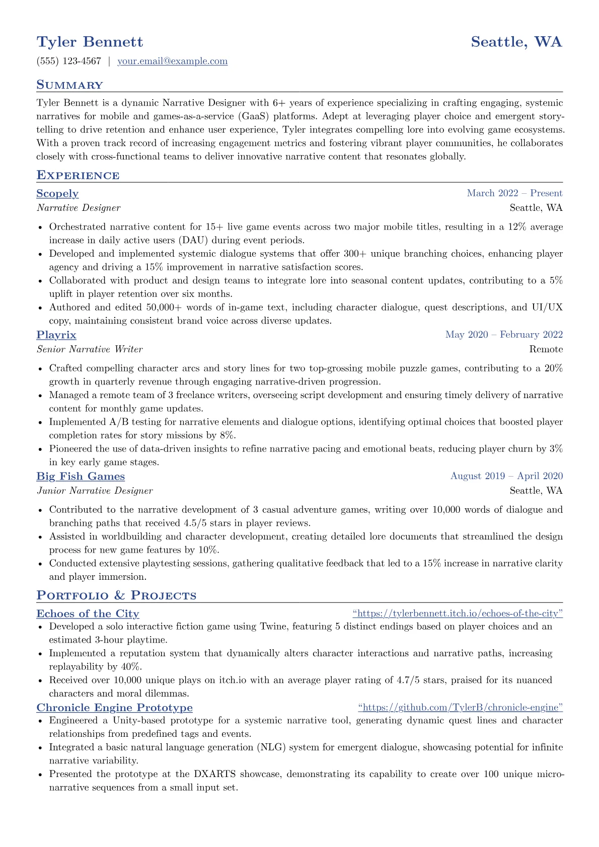 Narrative Designer resume example, Narrative Designer, page 1