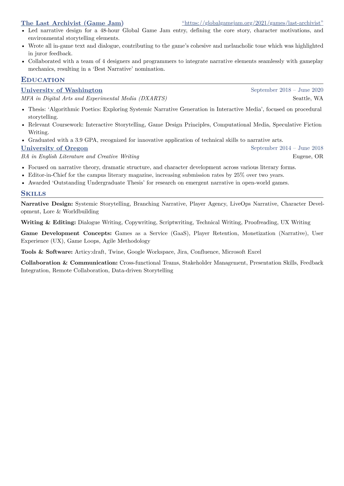 Narrative Designer resume example, Narrative Designer, page 2