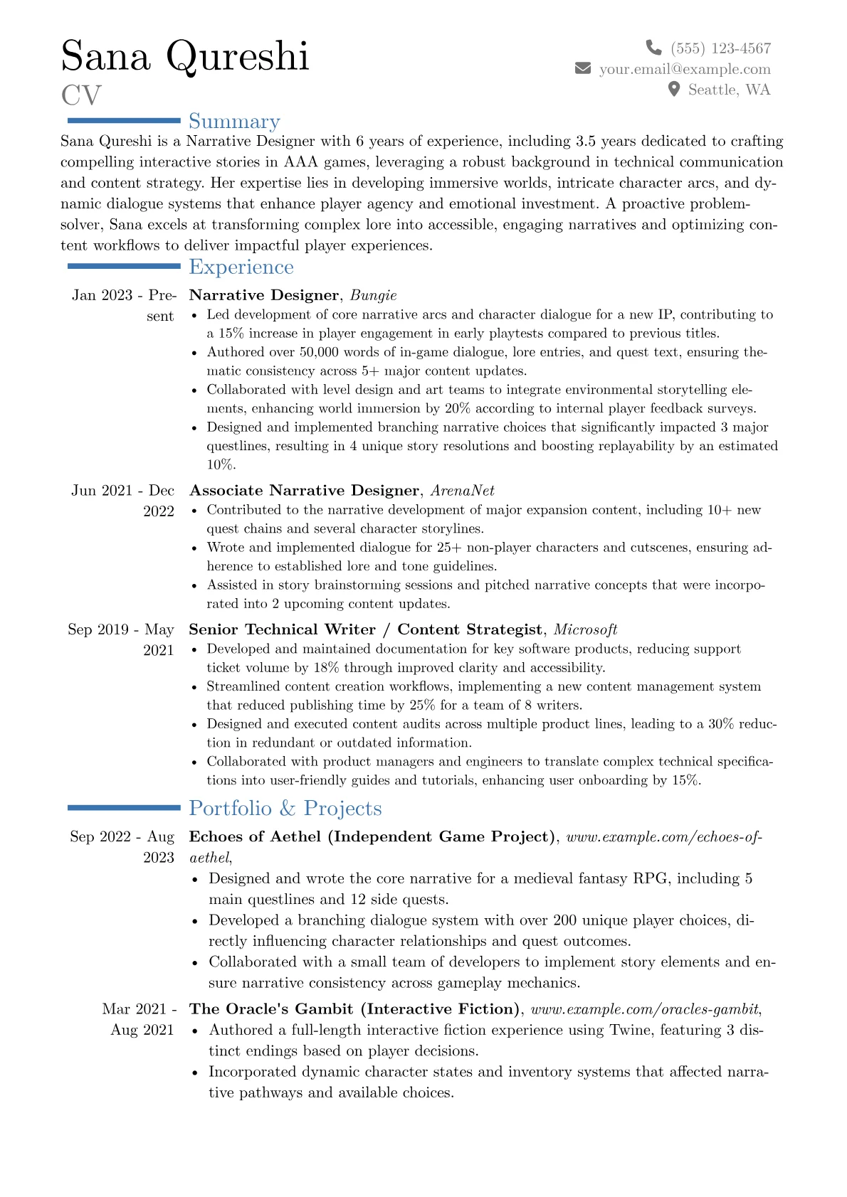 Narrative Designer resume example, Career changer, page 1