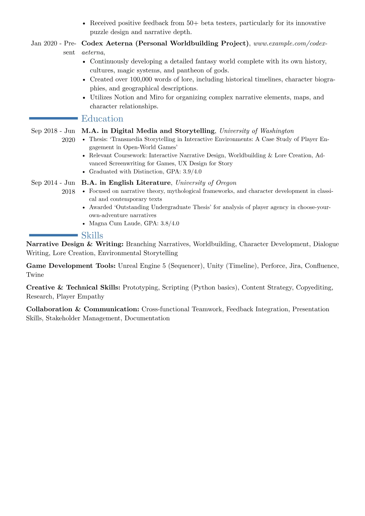 Narrative Designer resume example, Career changer, page 2