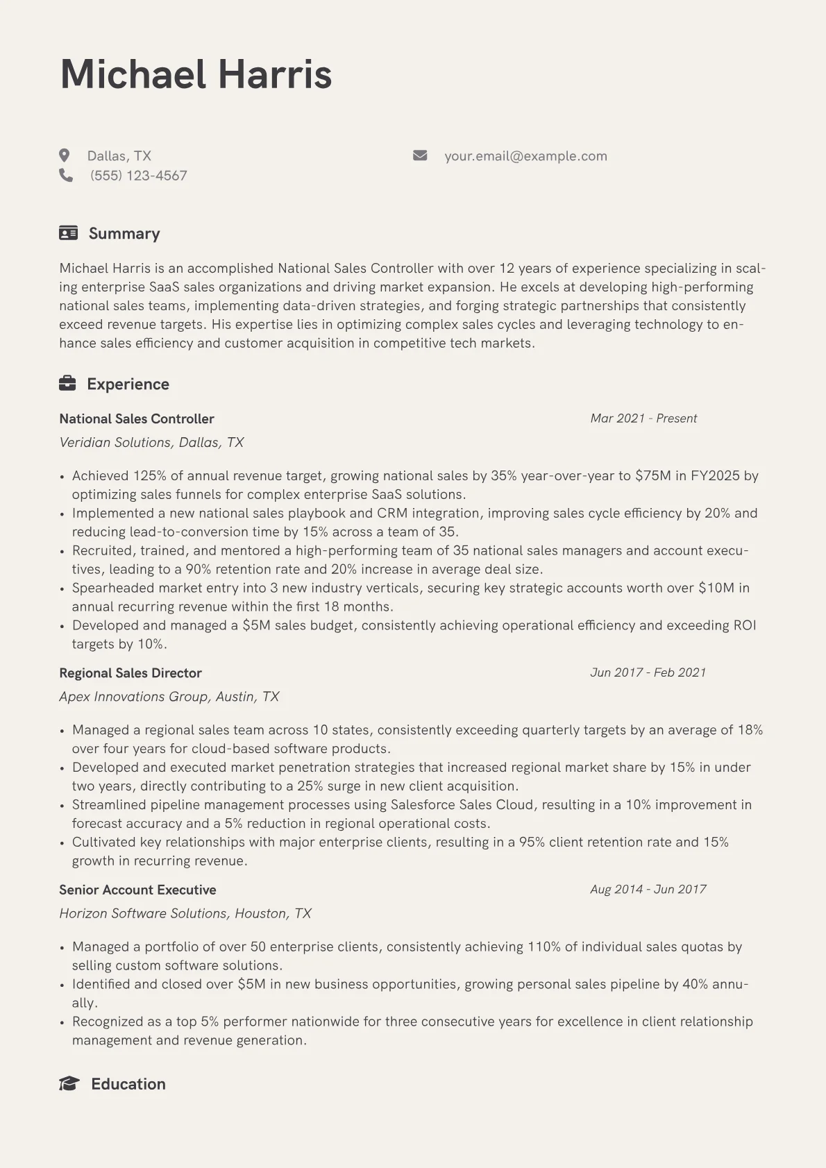 National Sales Controller resume example, National Sales Controller, page 1
