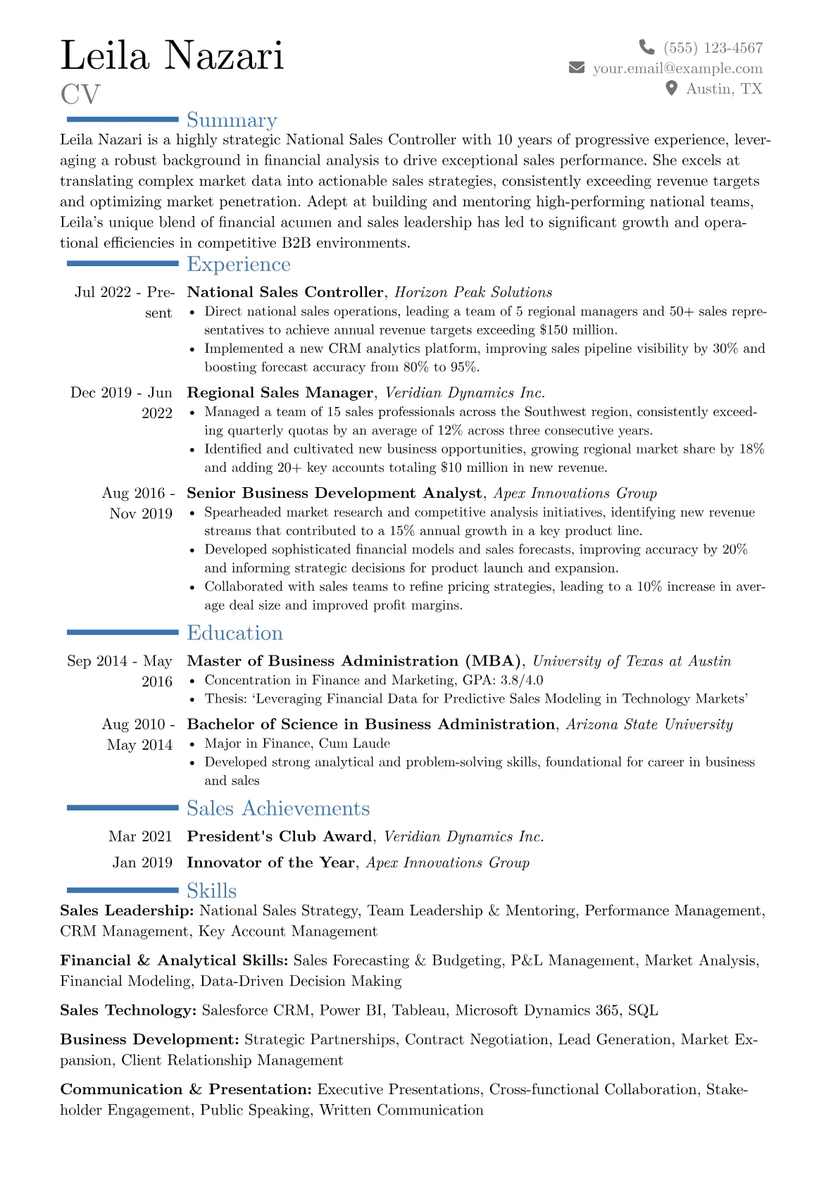 National Sales Controller resume example, Career changer, page 1