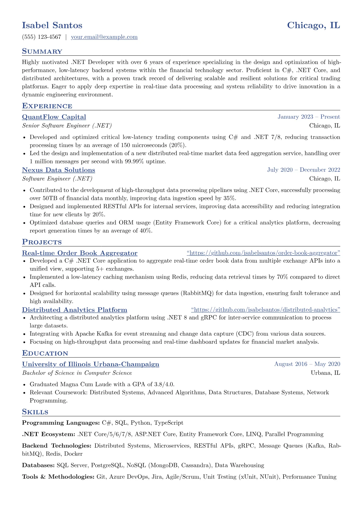 .NET Developer resume example, FinTech Backend Focus, page 1