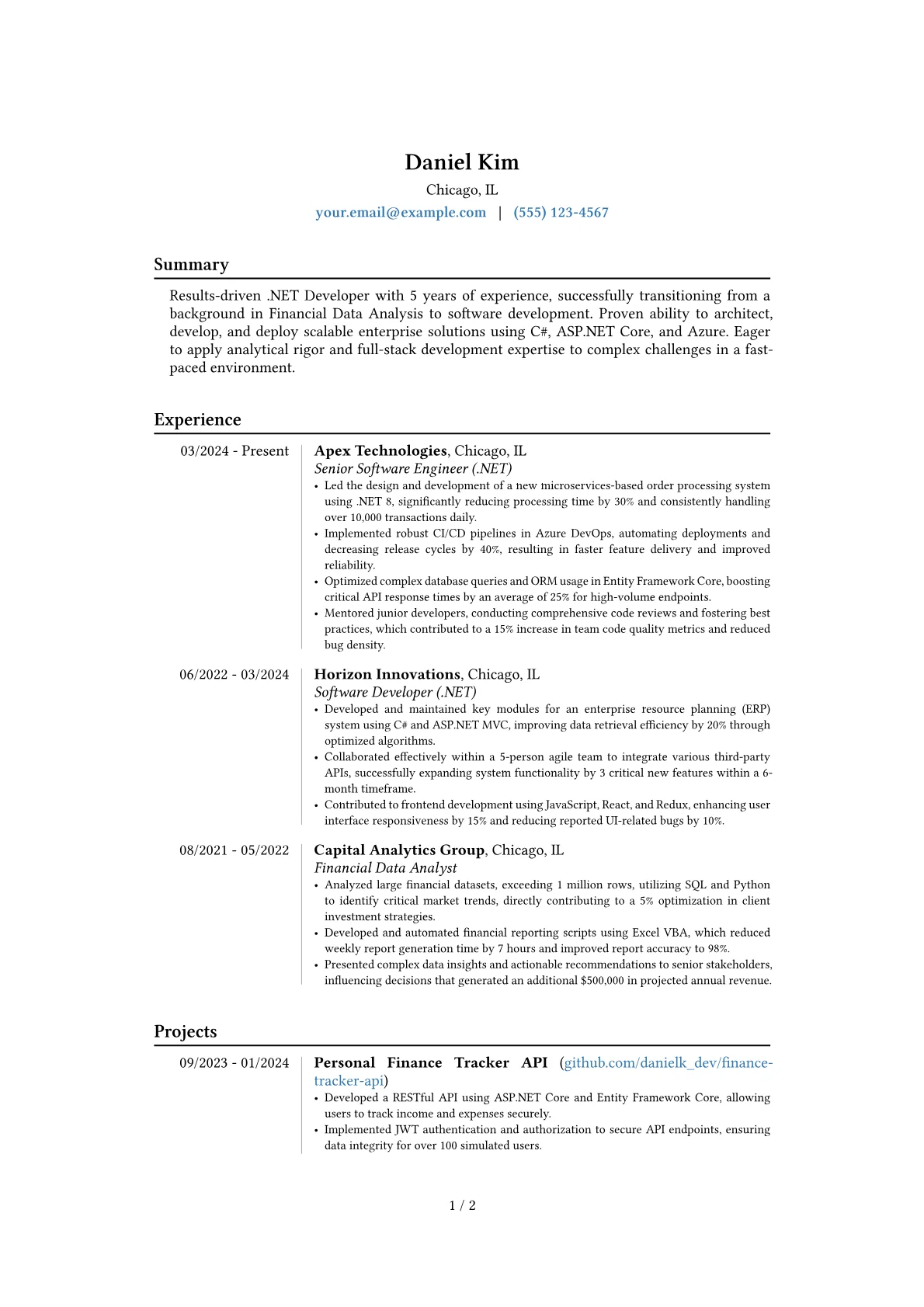 .NET Developer resume example, Career changer, page 1