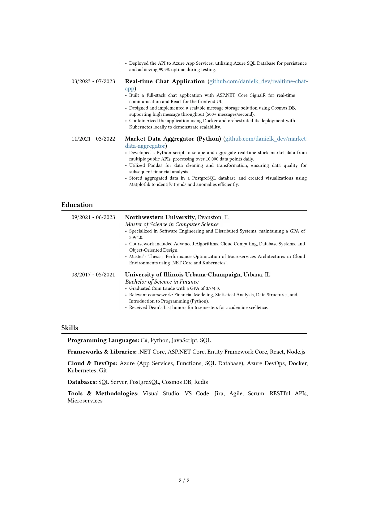 .NET Developer resume example, Career changer, page 2
