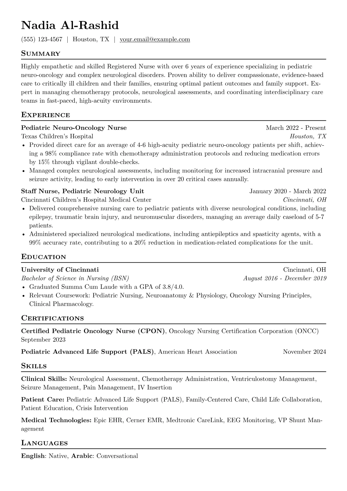 Neuro Nurse resume example, Pediatric Neuro-Oncology, page 1