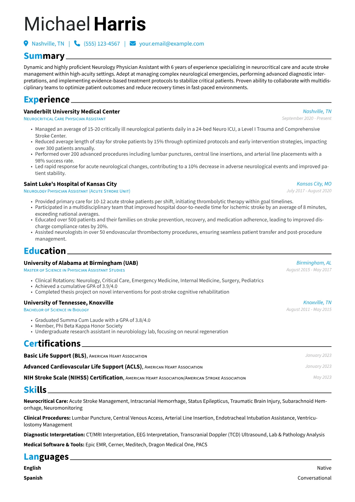 Neurology PA resume example, Neurocritical Care, page 1