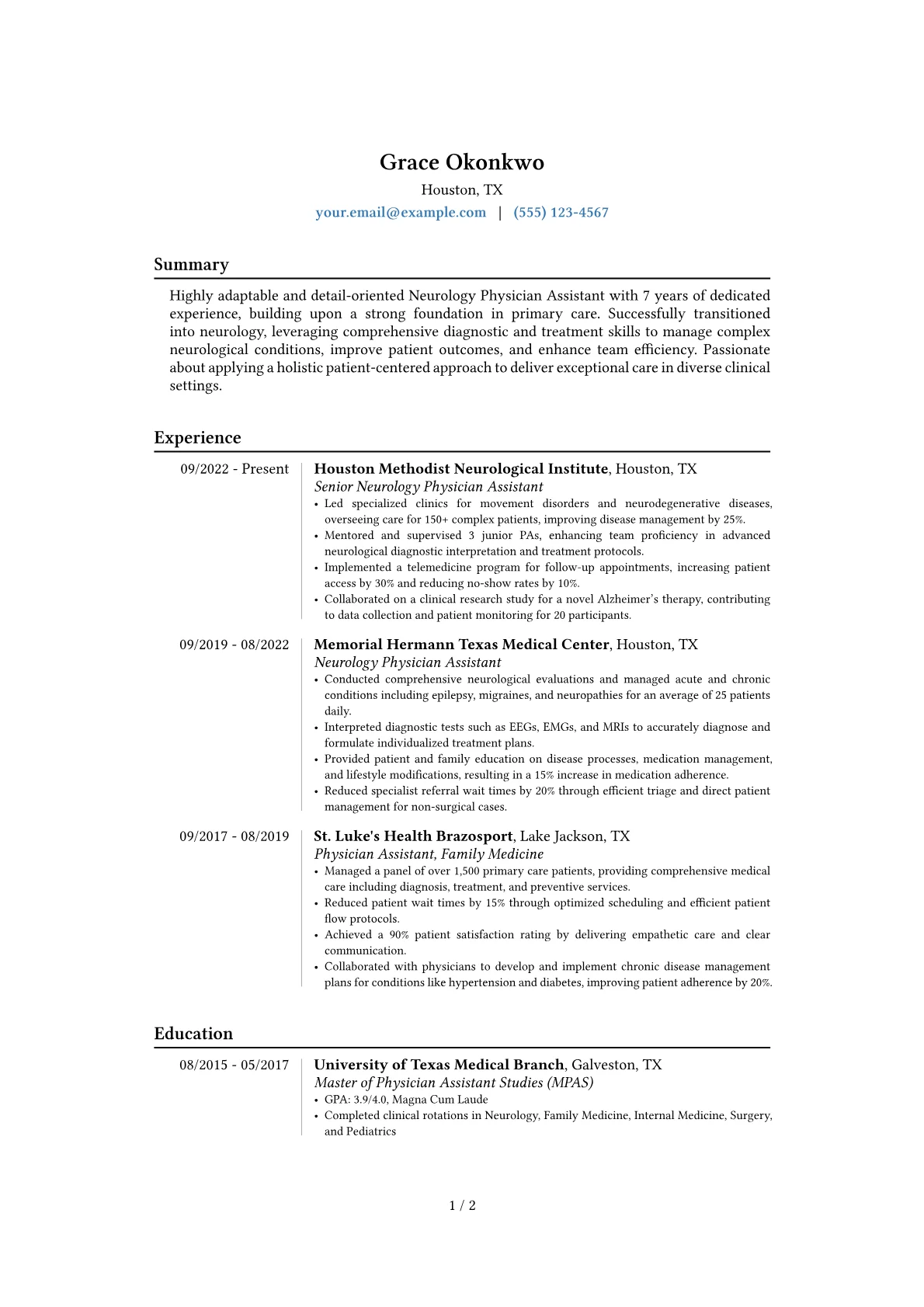 Neurology PA resume example, Career changer, page 1