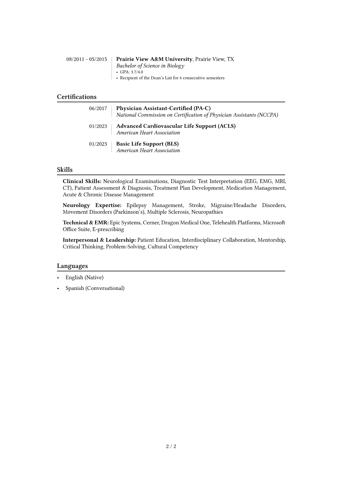 Neurology PA resume example, Career changer, page 2