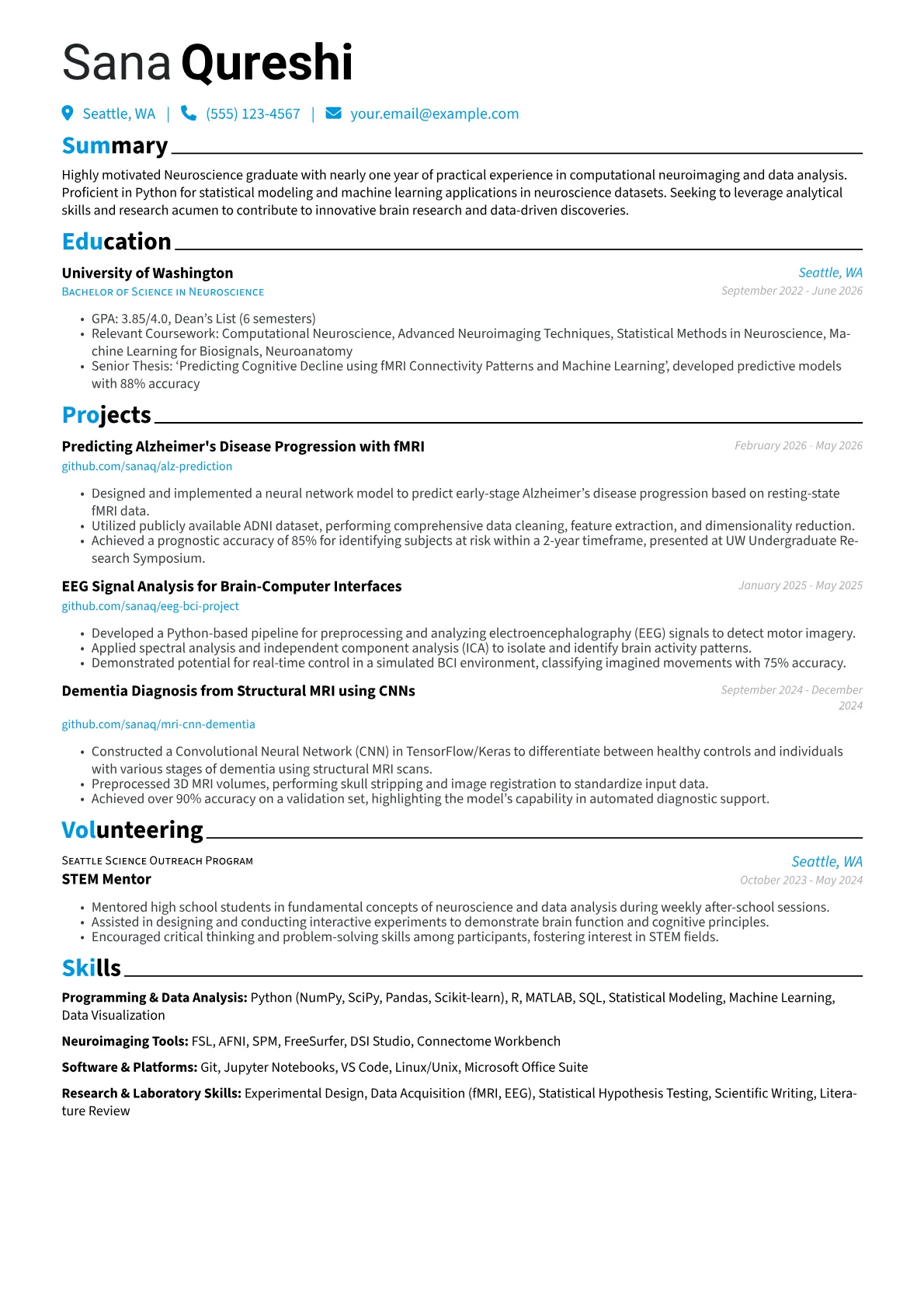 Neuroscience resume example, Neuroscience, page 1