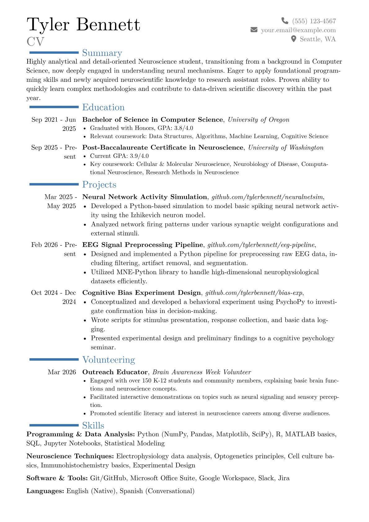 Neuroscience resume example, Career changer, page 1