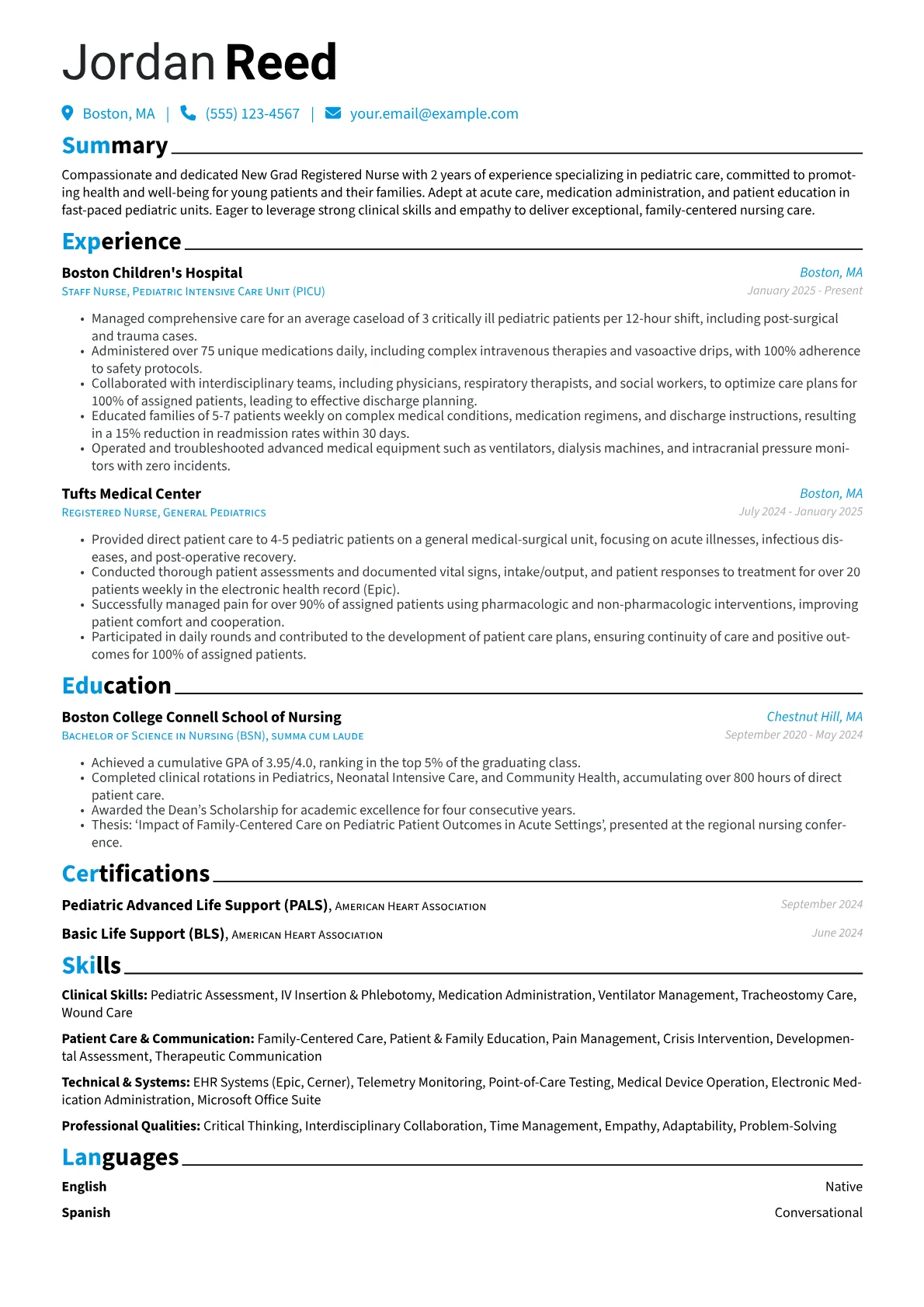 New Grad Registered Nurse resume example, Pediatric RN, page 1