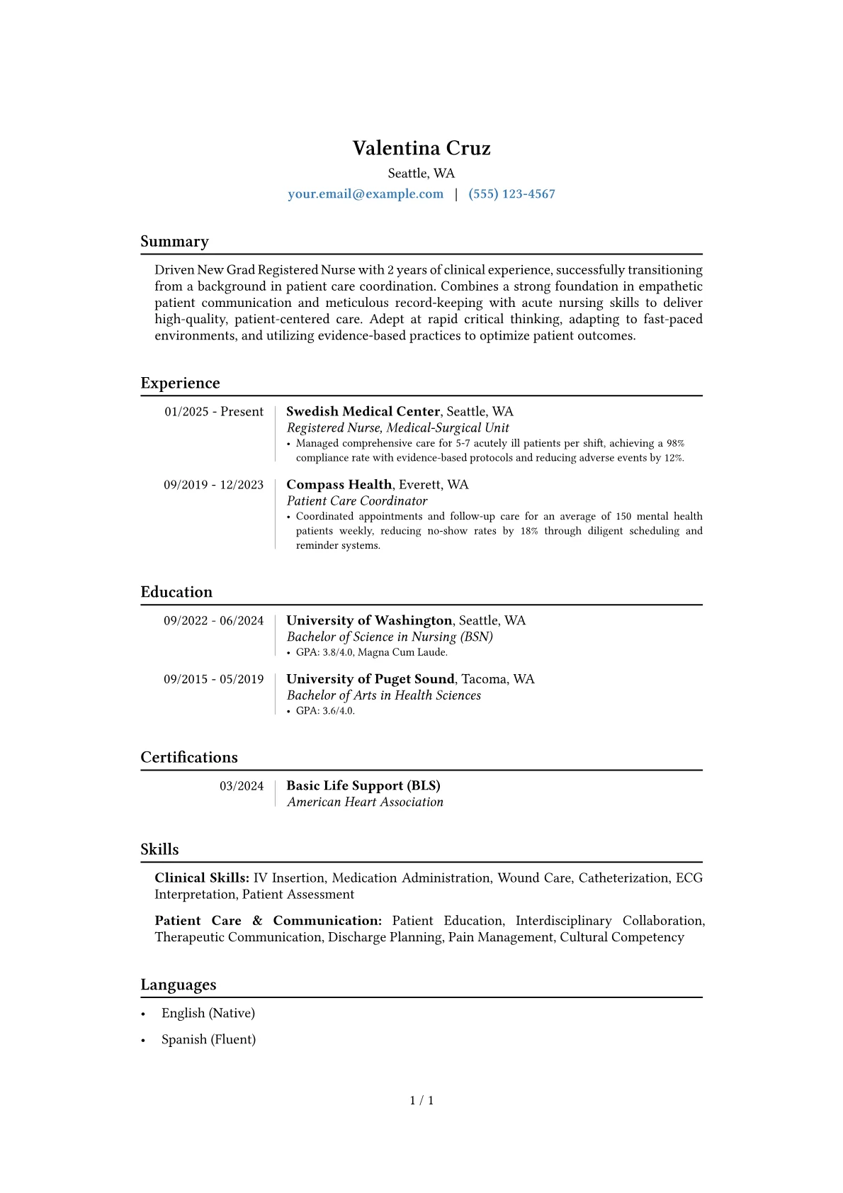 New Grad Registered Nurse resume example, Career changer, page 1