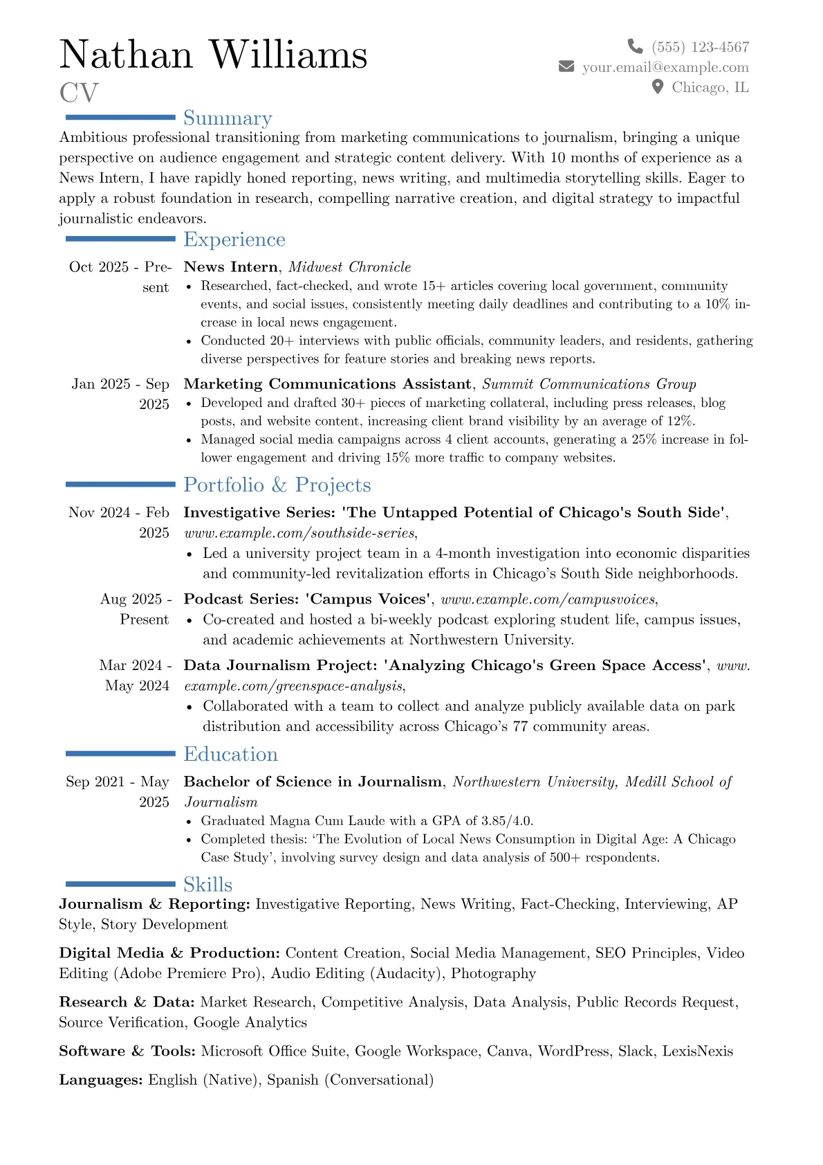 News Intern resume example, Career changer, page 1
