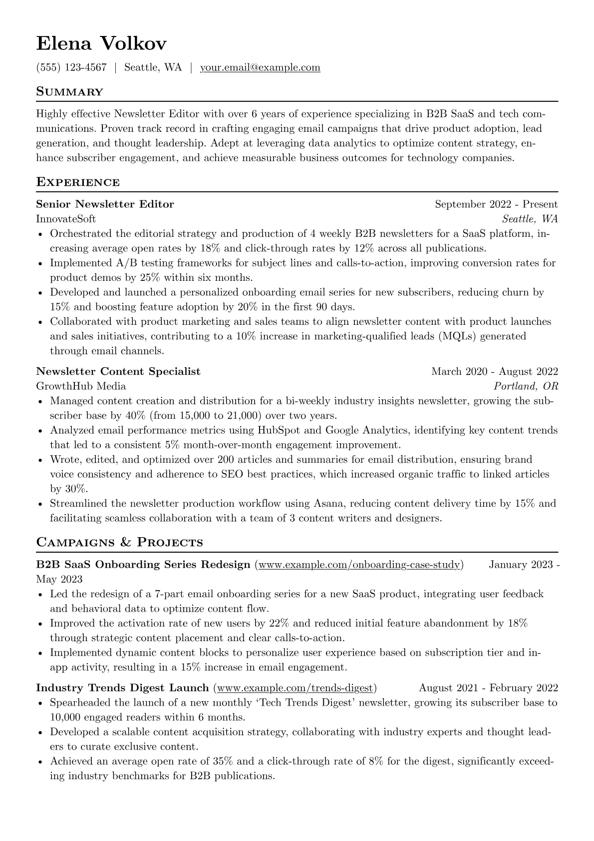 Newsletter Editor resume example, Content Strategy, page 1