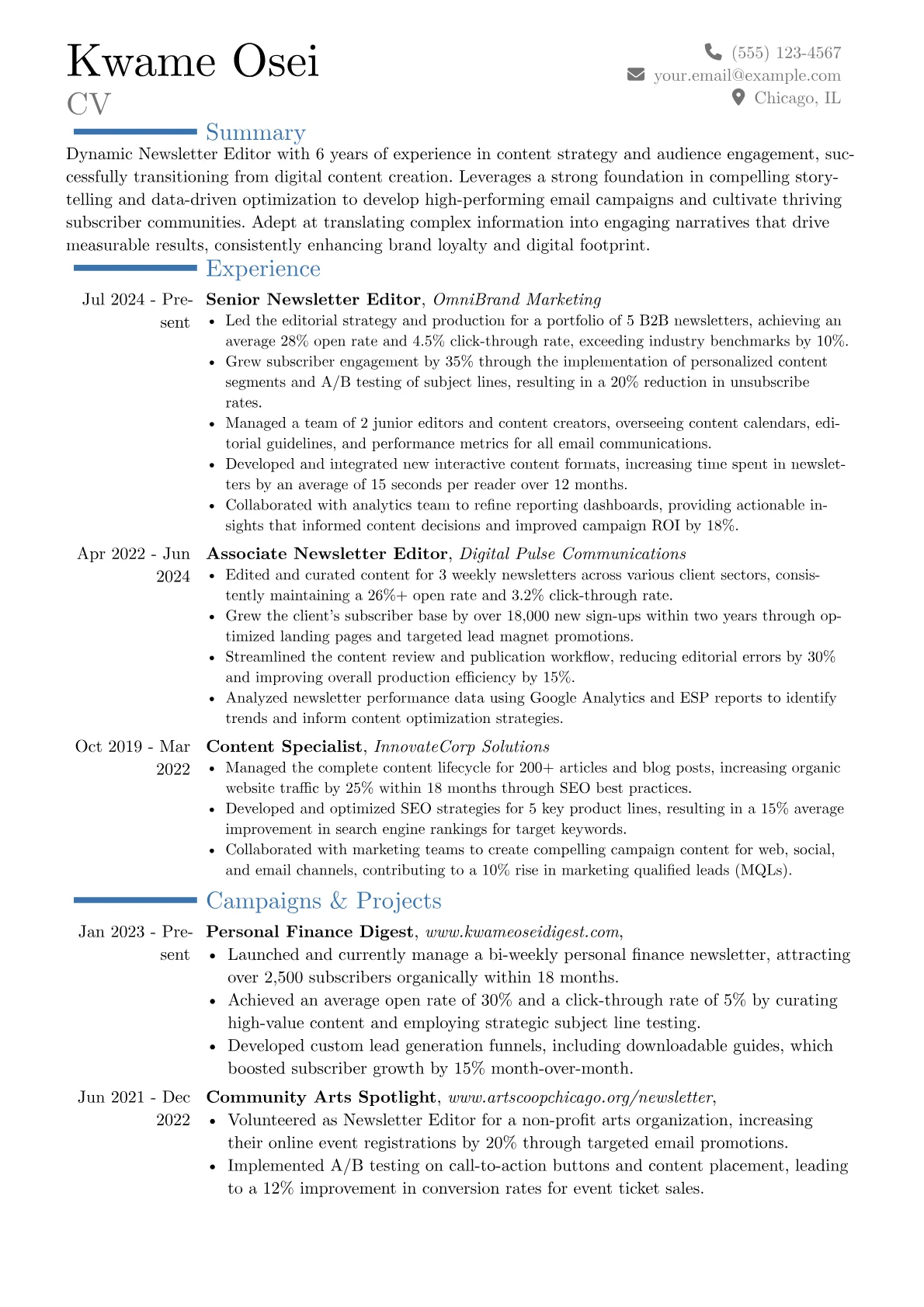 Newsletter Editor resume example, Career changer, page 1